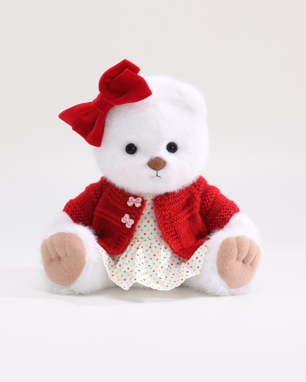 White Long Hair Bear & Red Knit Cardigan Polka Dot Dress Set of 3 - 12 Inches