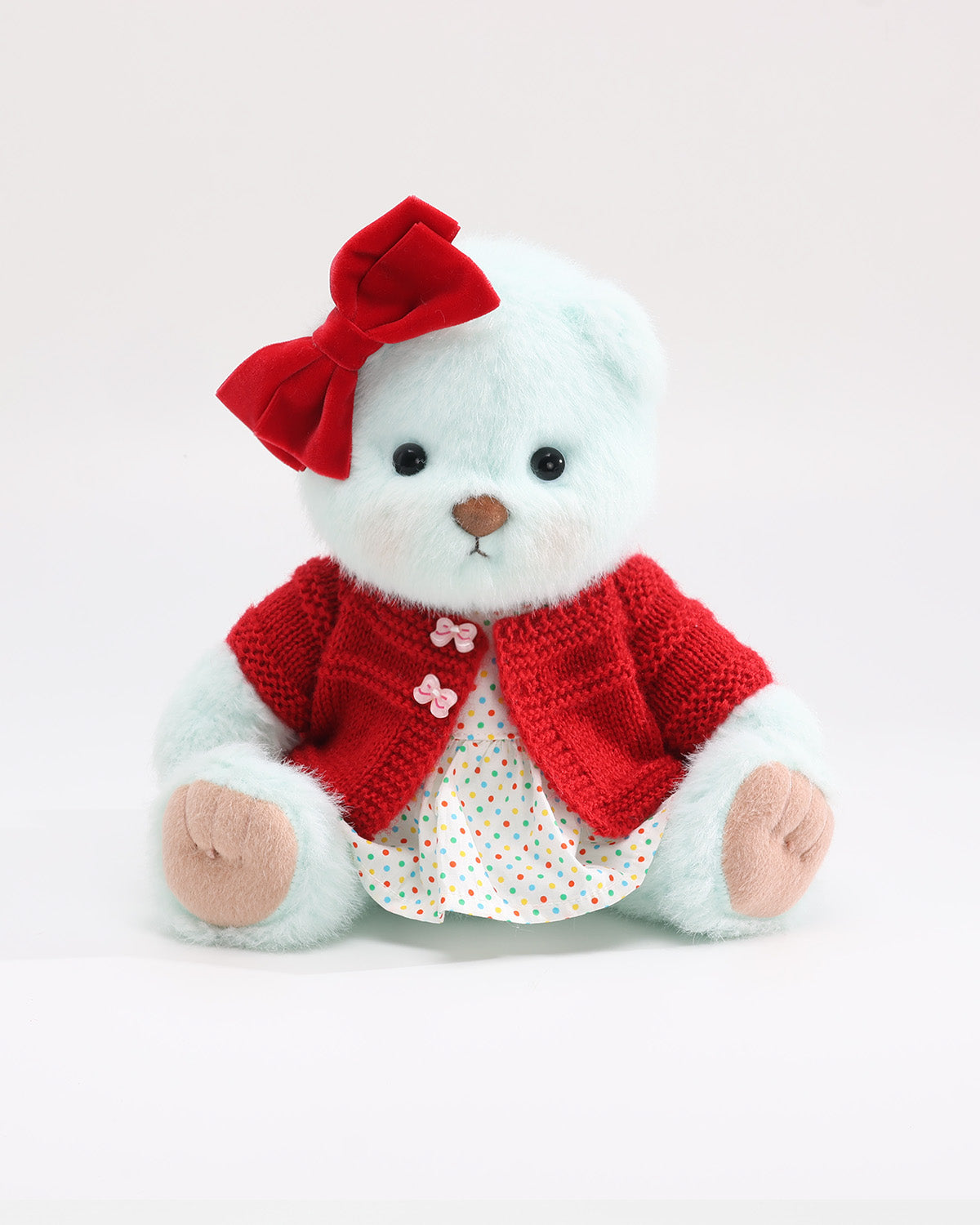 Mint Blue Long Hair Bear & Red Knit Cardigan Polka Dot Dress Set of 3 - 12 Inches
