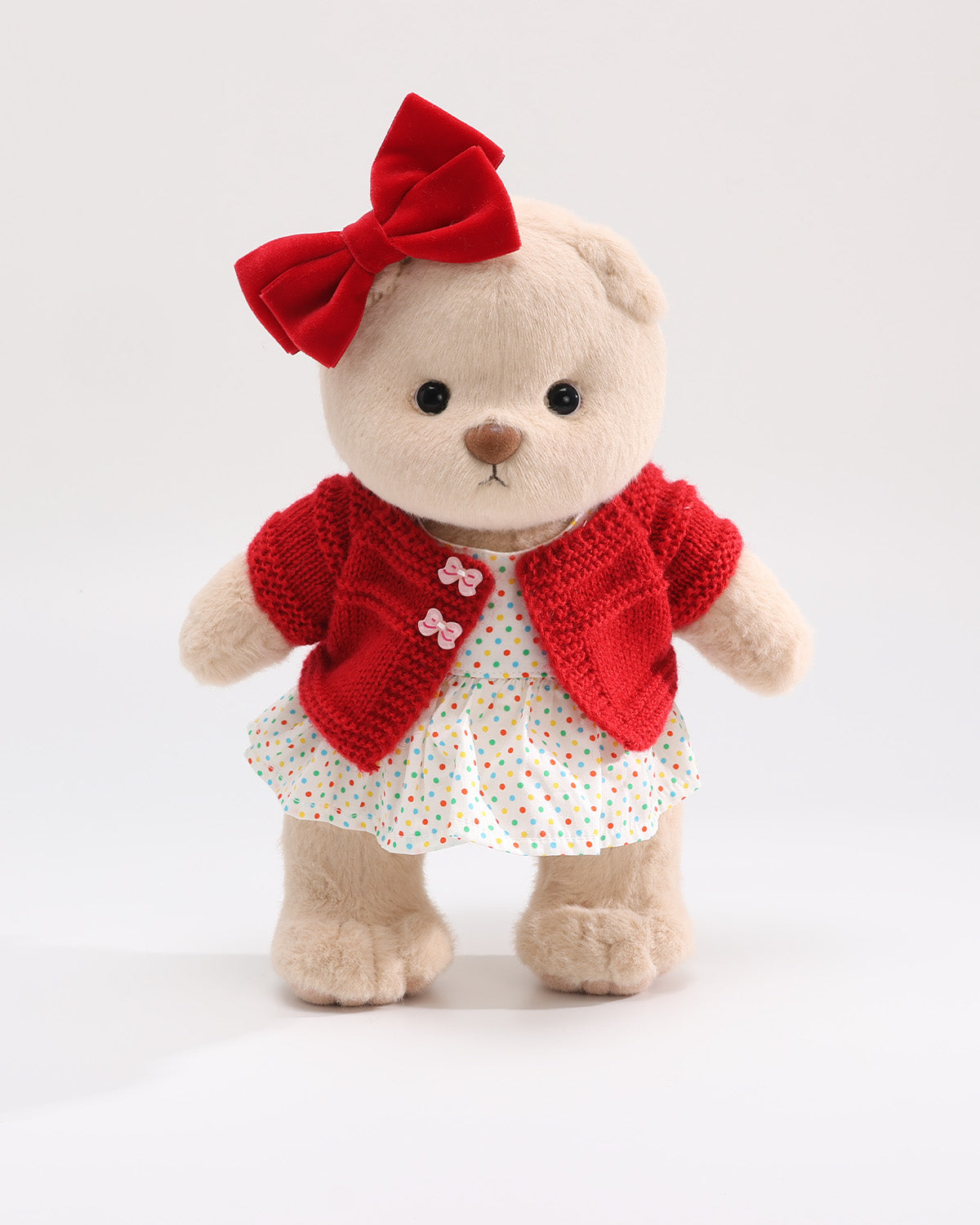 Teddy Bear & Red Knit Cardigan Polka Dot Dress Set of 3 - 12 Inches