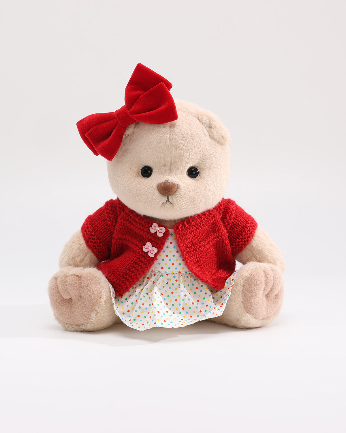 Teddy Bear & Red Knit Cardigan Polka Dot Dress Set of 3 - 12 Inches