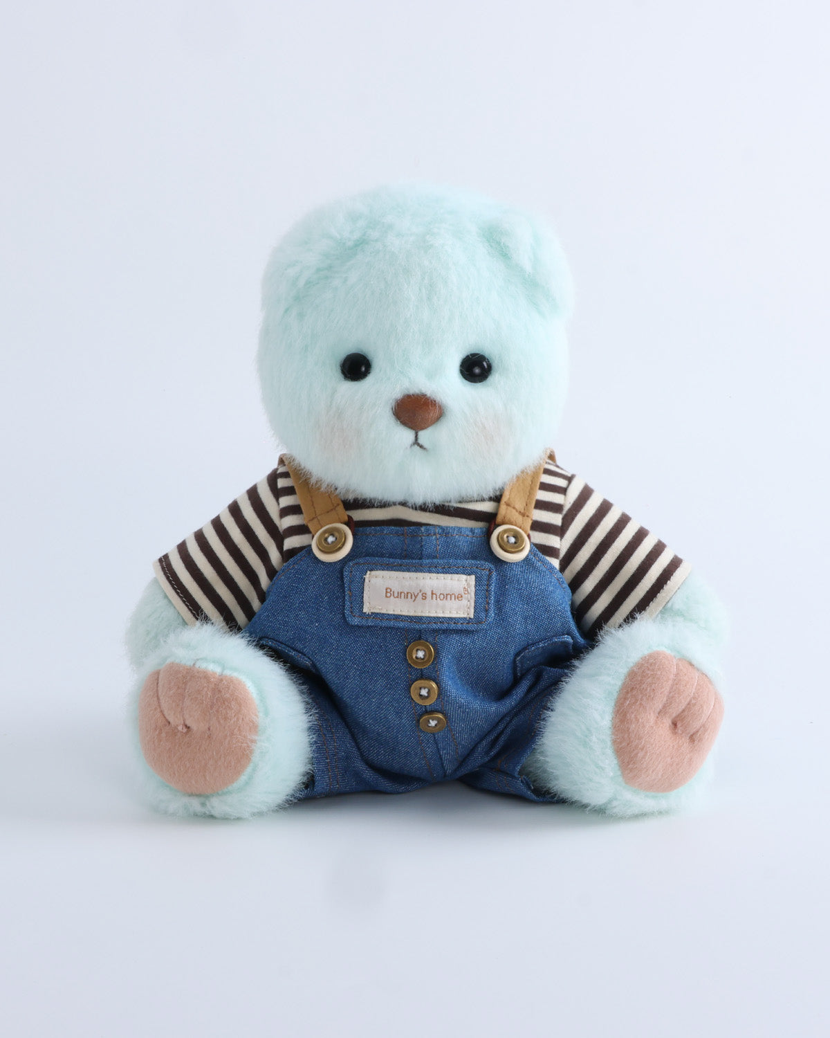 Mint Blue Long Hair Bear & Striped T-Shirt Button Overalls Set of 2 - 12 Inches