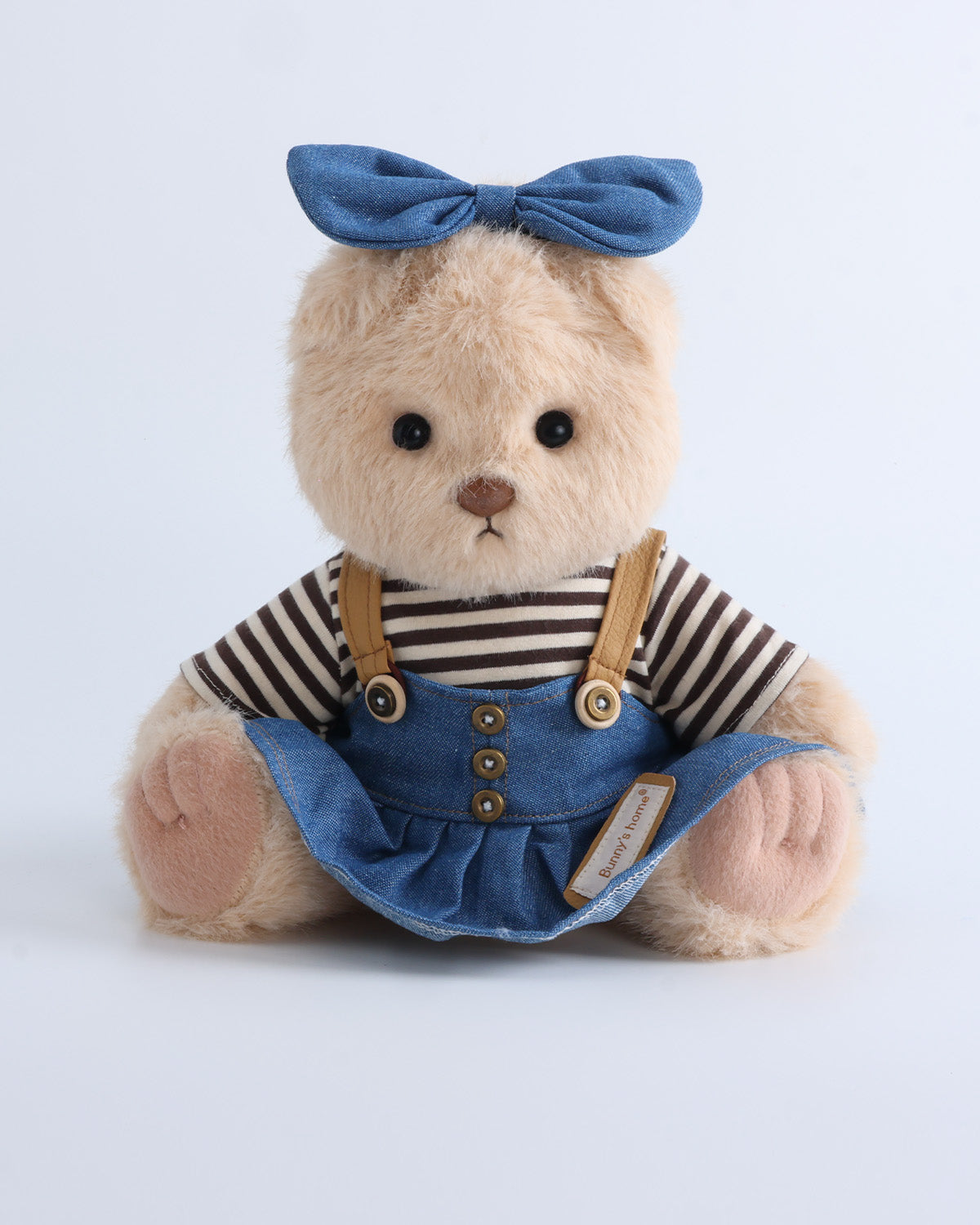 Milk Tea Long Hair Bear & Striped T-Shirt Button Pinafore Dress Set of 3 - 12 Inches