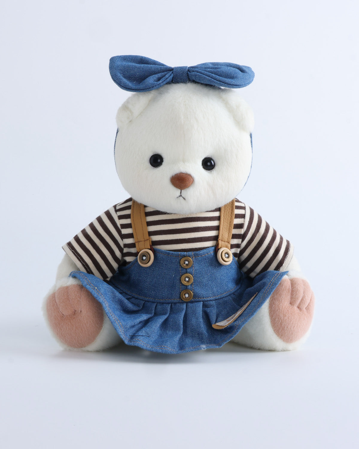 White Short Hair Bear & Striped T-Shirt Button Pinafore Dress Set of 3 - 12 Inches