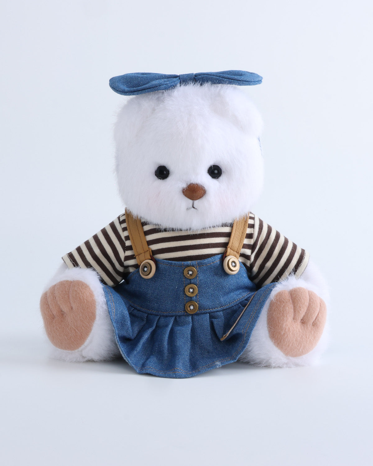 White Long Hair Bear & Striped T-Shirt Button Pinafore Dress Set of 3 - 12 Inches