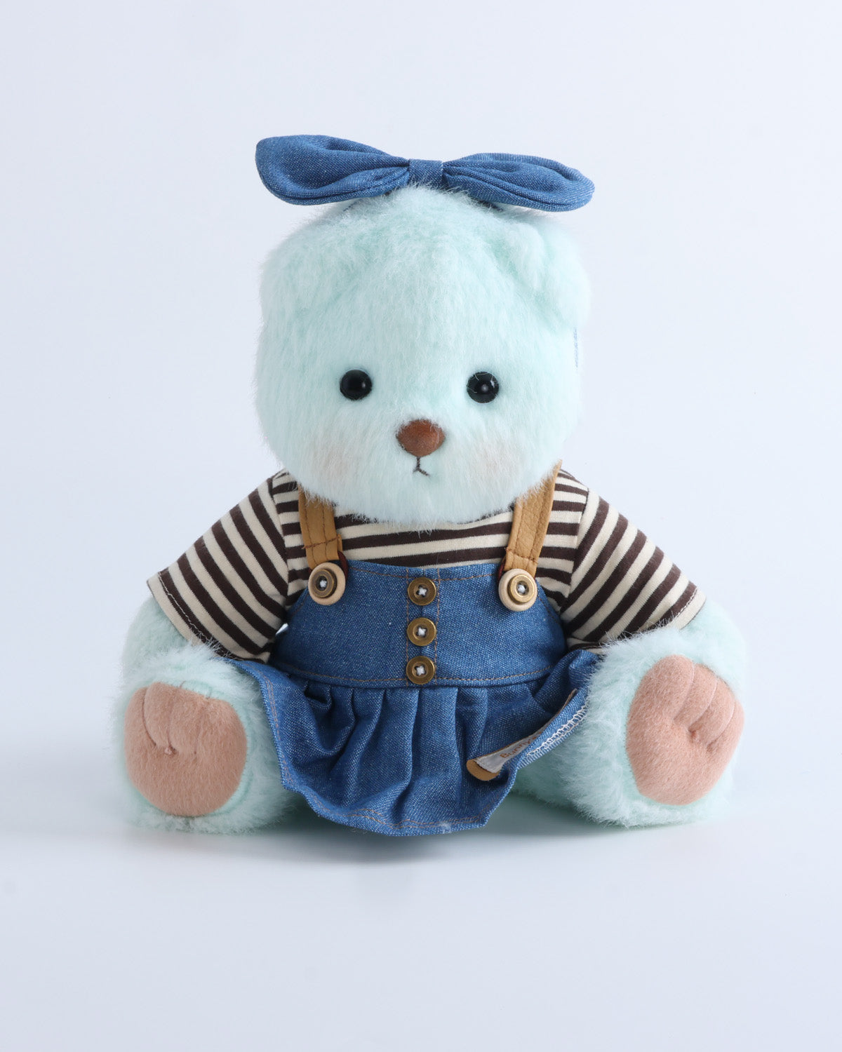 Mint Blue Long Hair Bear & Striped T-Shirt Button Pinafore Dress Set of 3 - 12 Inches
