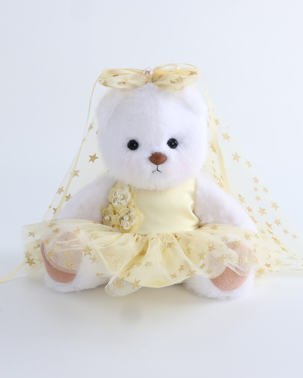 White Long Hair Bear & Yellow Star Tulle Dress Set of 2 - 12 Inches