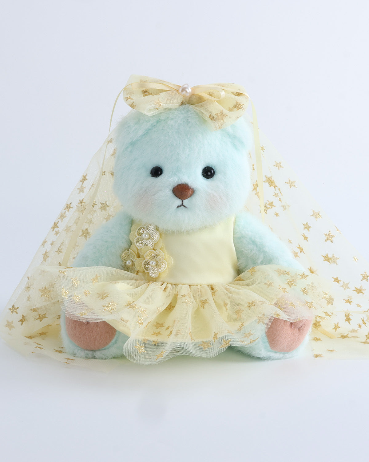 Mint Blue Long Hair Bear & Yellow Star Tulle Dress Set of 2 - 12 Inches