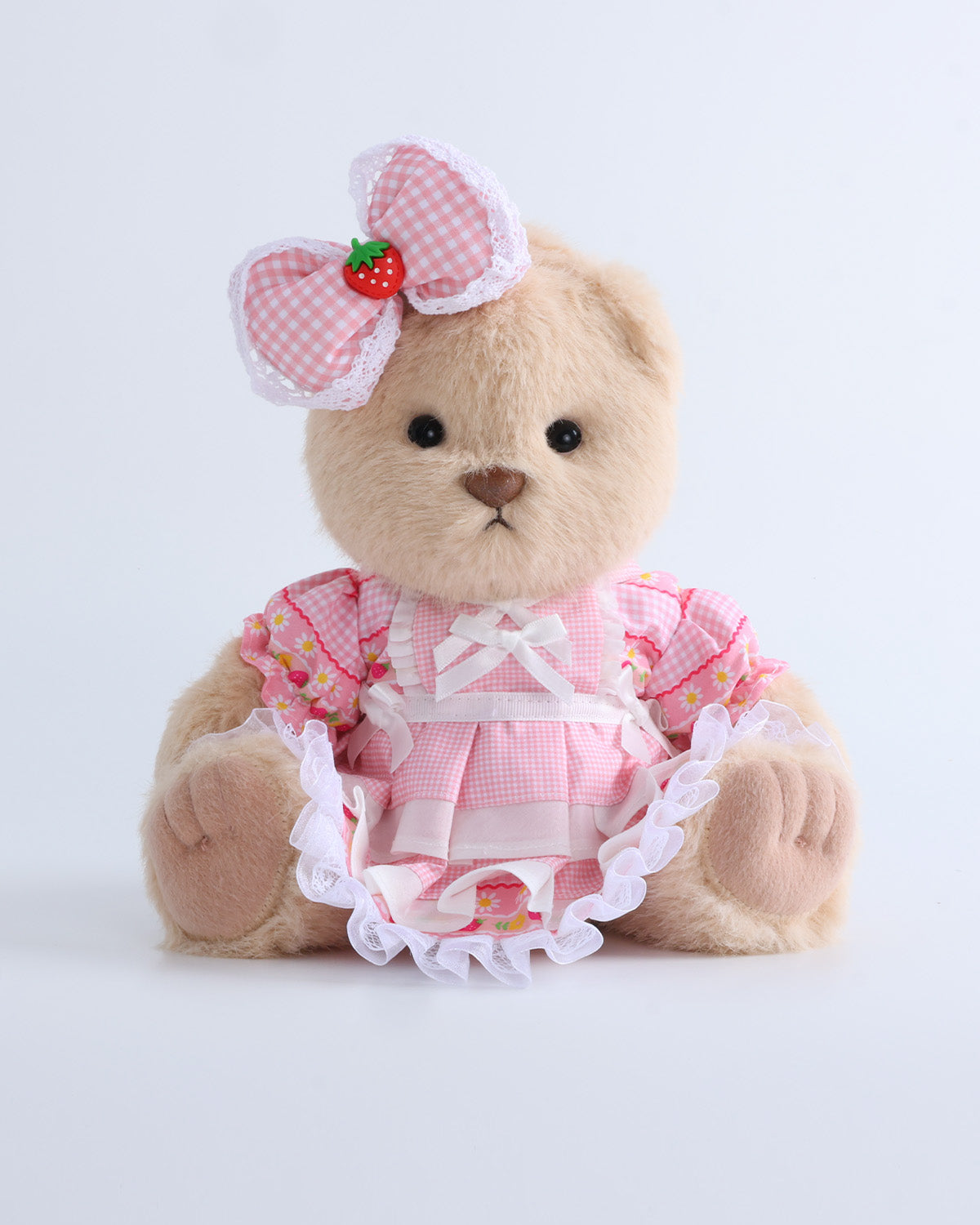Milk Tea Long Hair Bear & Pink Plaid Strawberry Cake Dress Set of 2 - 12 Inches