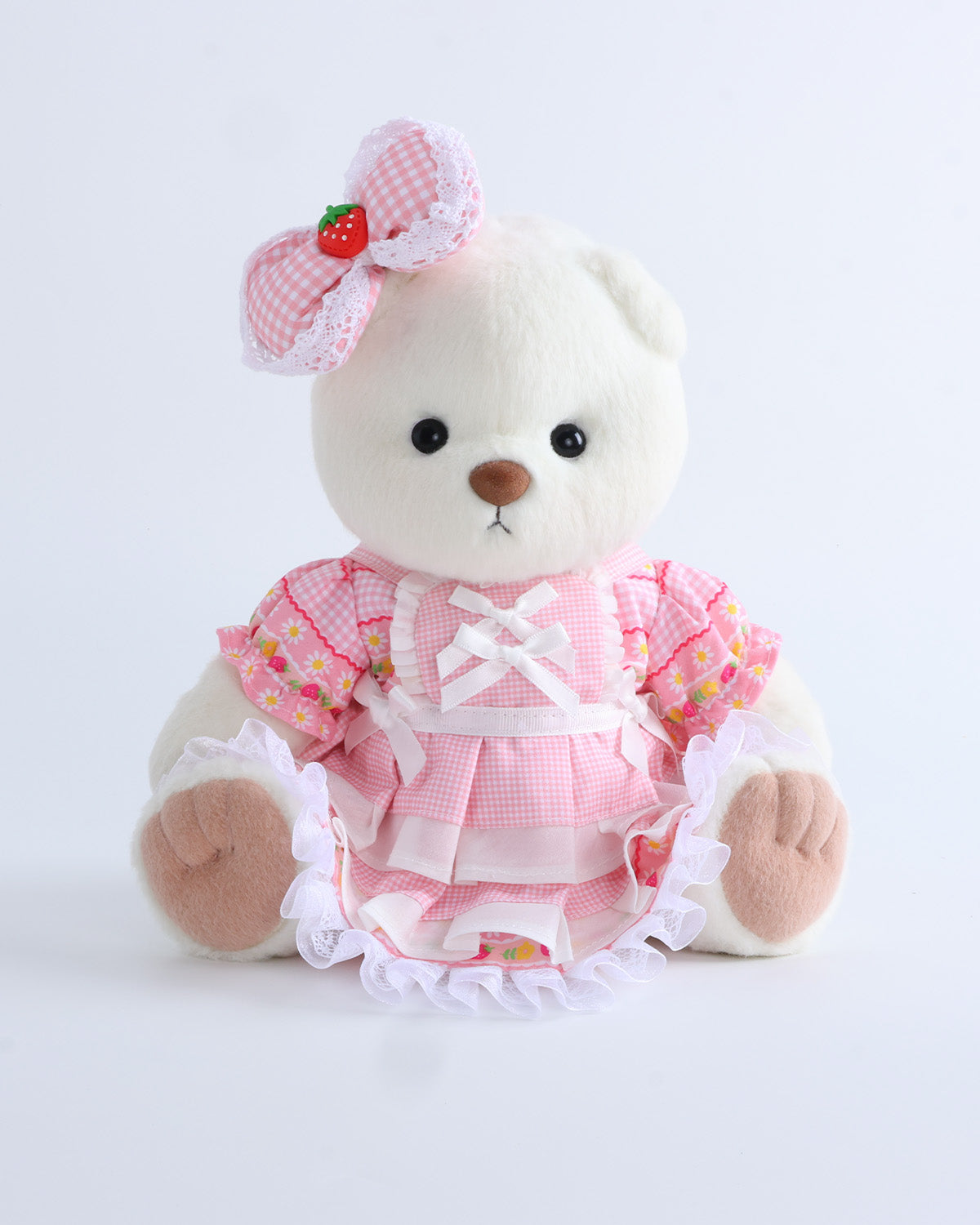 White Short Hair Bear & Pink Plaid Strawberry Cake Dress Set of 2 - 12 Inches