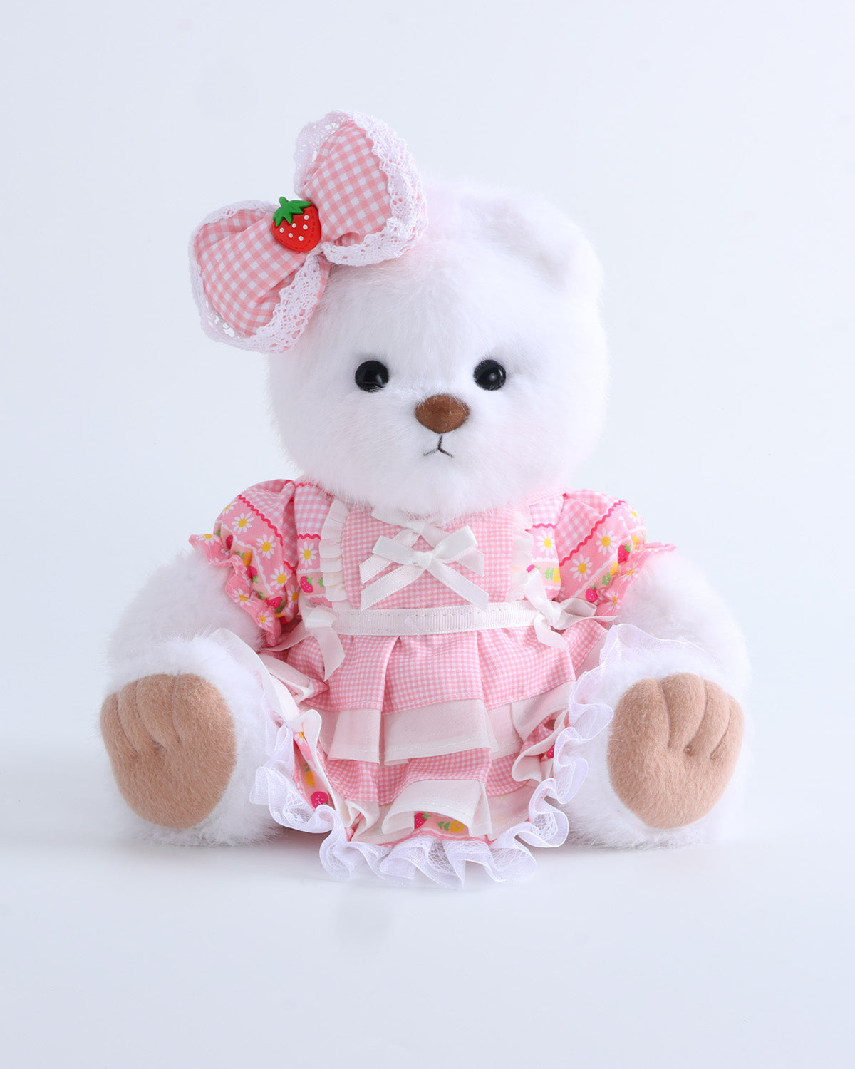 White Long Hair Bear & Pink Plaid Strawberry Cake Dress Set of 2 - 12 Inches