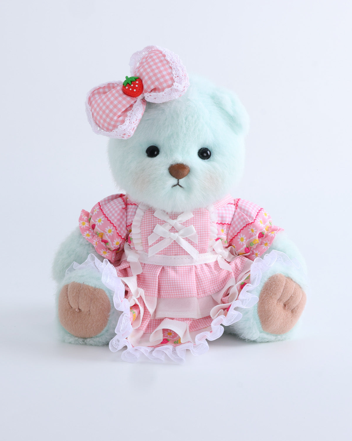 Mint Blue Long Hair Bear & Pink Plaid Strawberry Cake Dress Set of 2 - 12 Inches