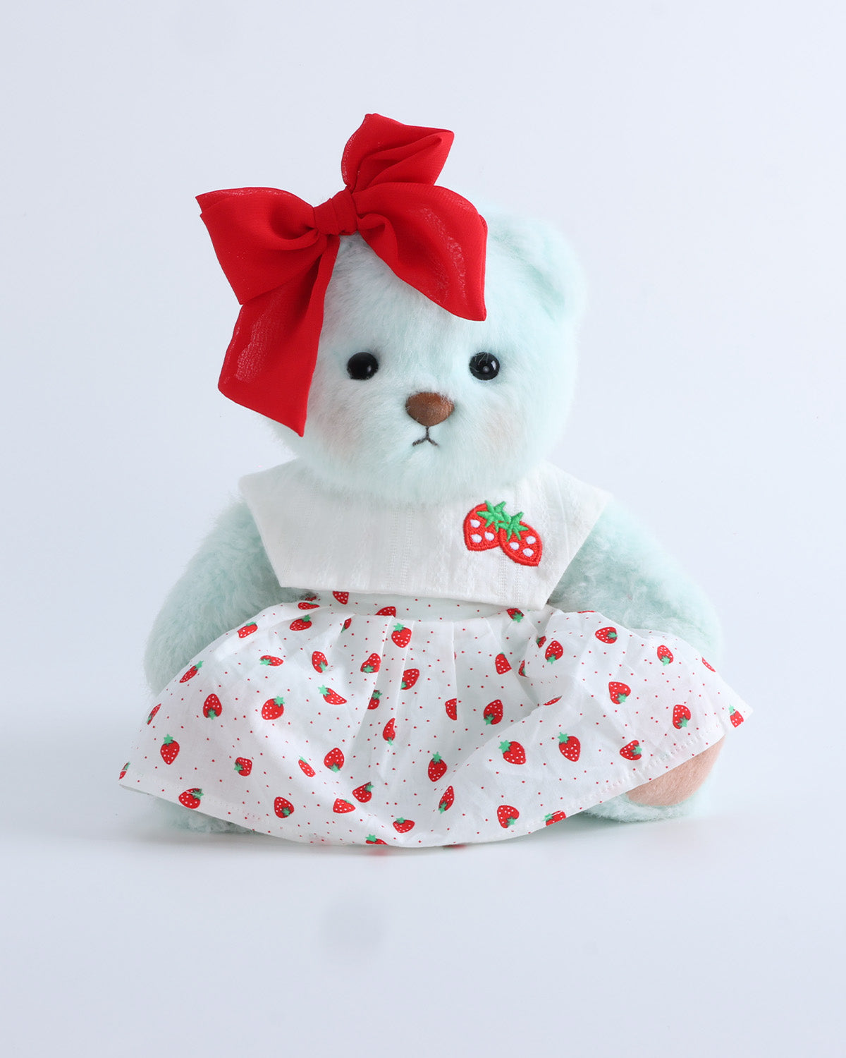Mint Blue Long Hair Bear & Strawberry Collared Dress Set of 2 - 12 Inches