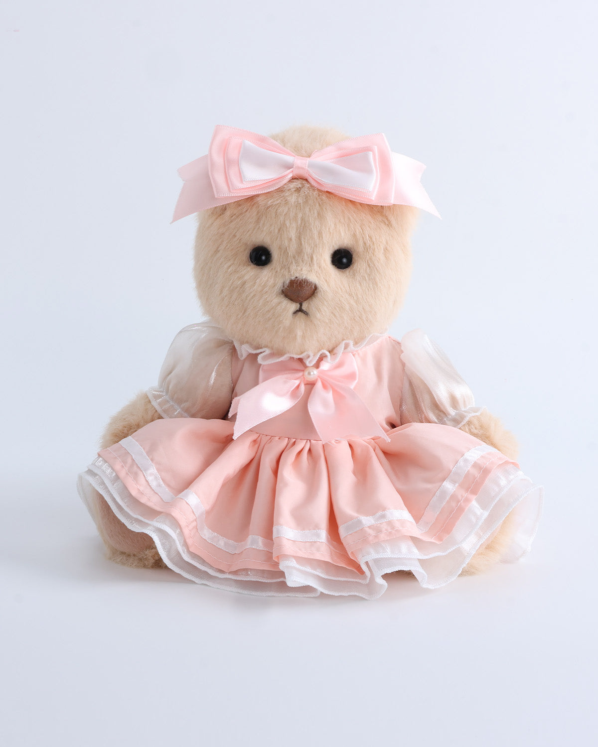Milk Tea Long Hair Bear & Pink Sakura Bow Dress Set of 2 - 12 Inches