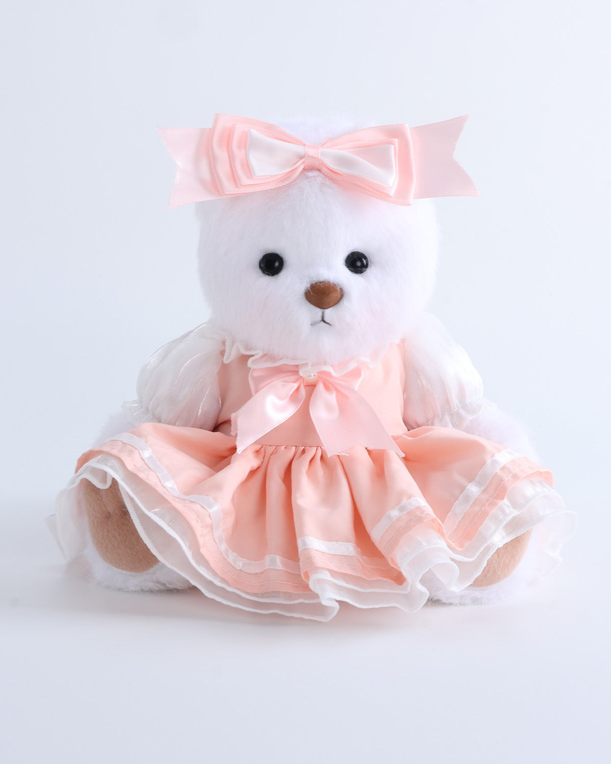 White Long Hair Bear & Pink Sakura Bow Dress Set of 2 - 12 Inches