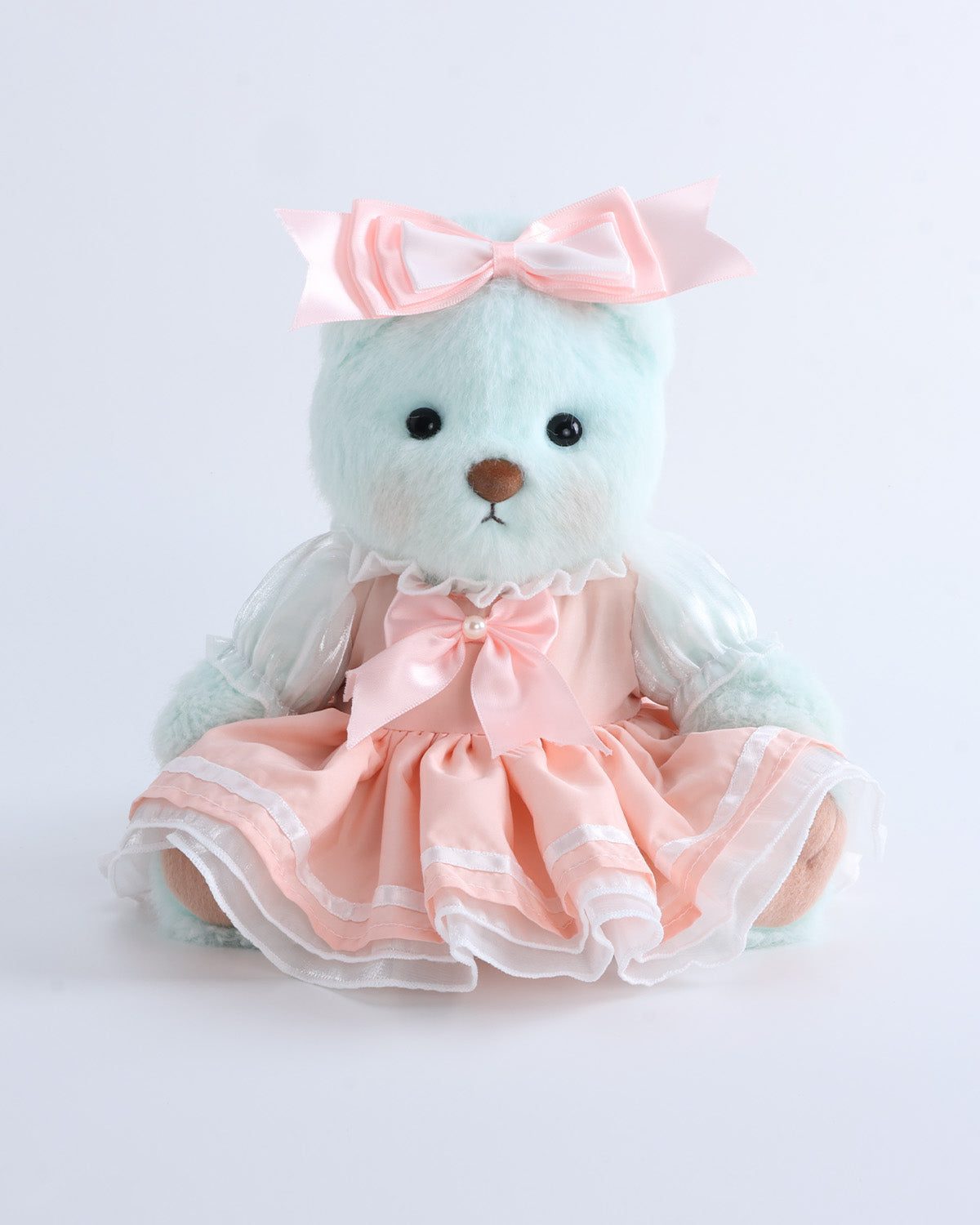 Mint Blue Long Hair Bear & Pink Sakura Bow Dress Set of 2 - 12 Inches