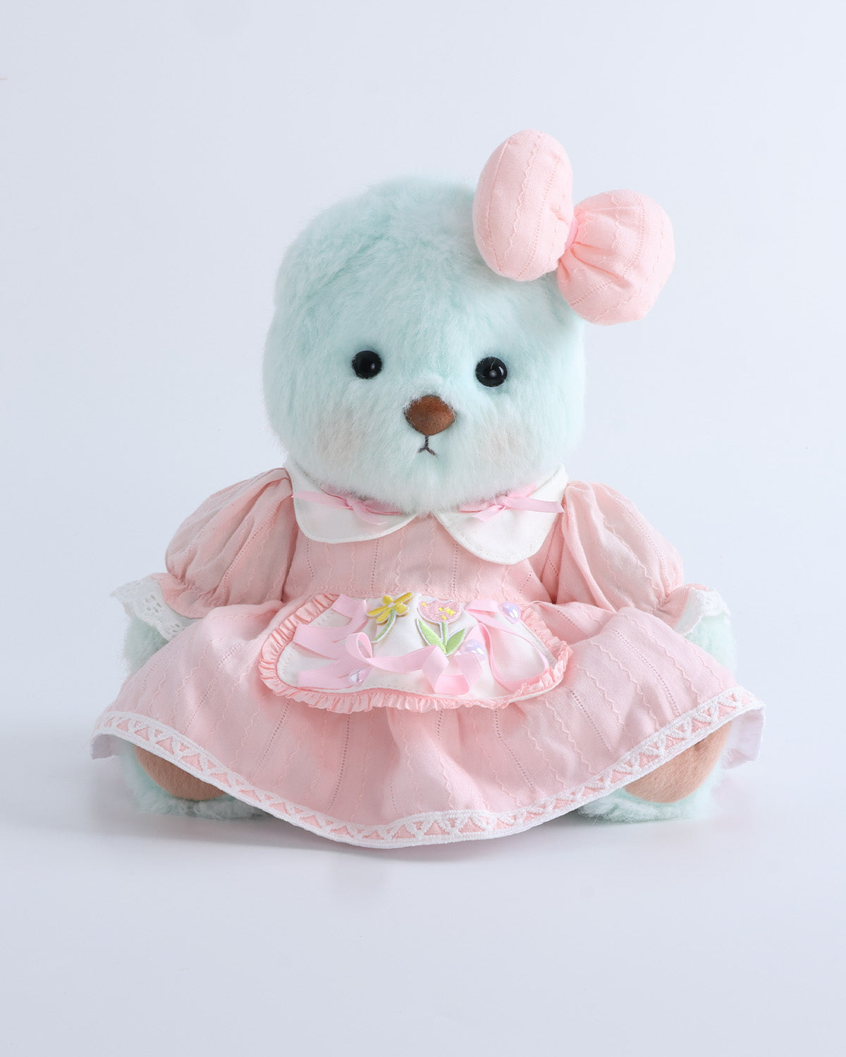 Mint Blue Long Hair Bear & Pink Tulip Dress Set of 2 - 12 Inches