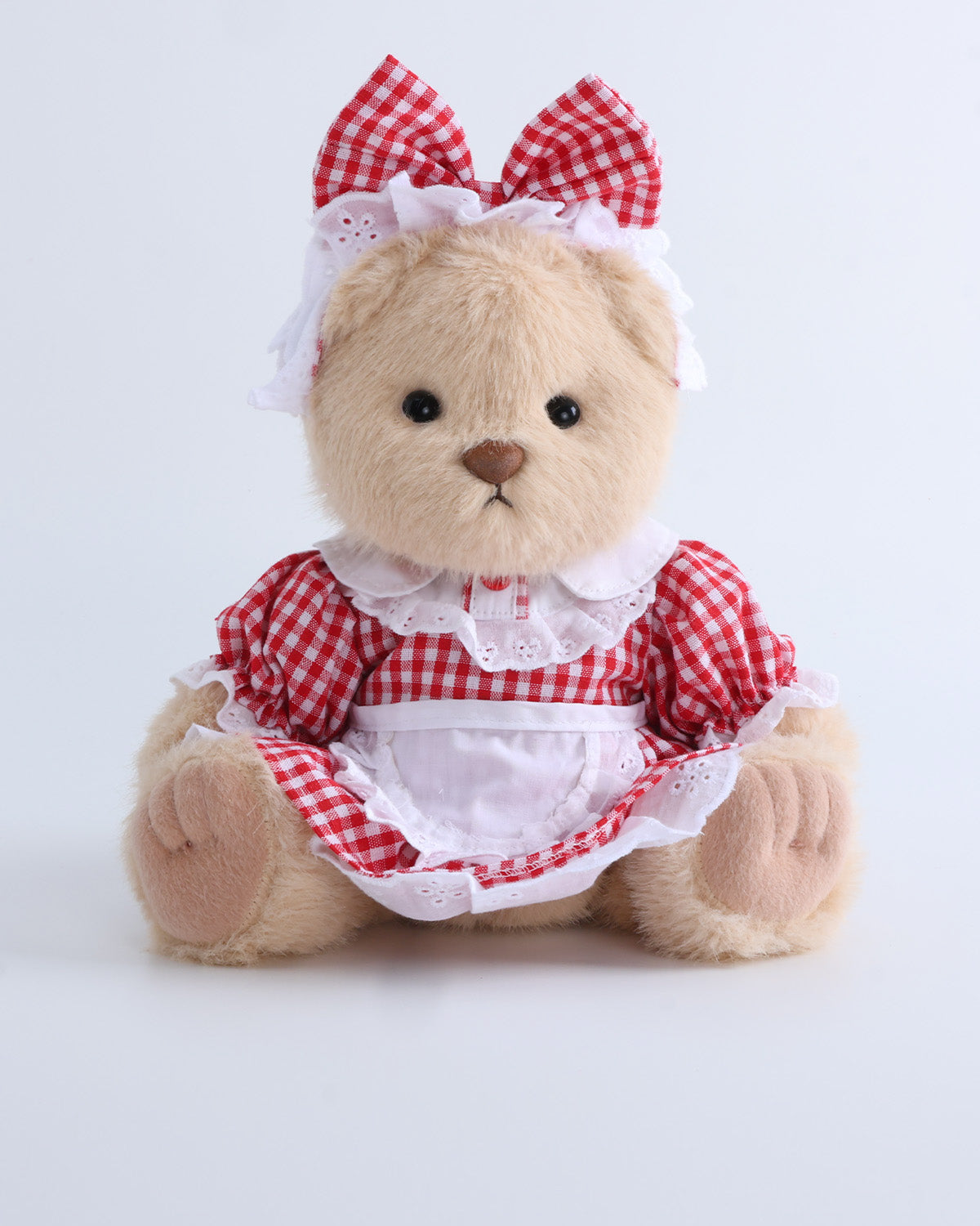 Milk Tea Long Hair Bear & Red Checkered Maid's Dress Set of 2 - 12 Inches