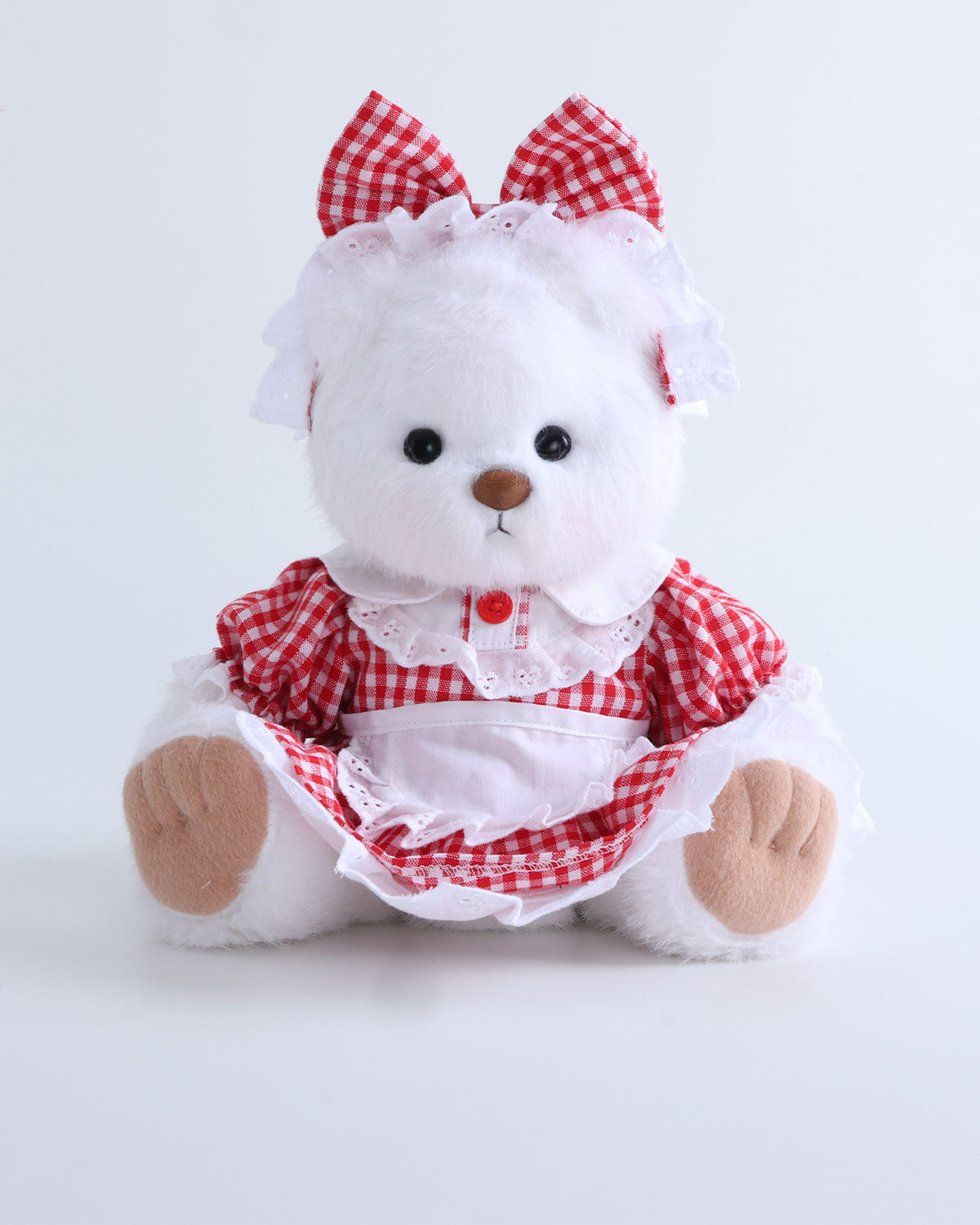White Long Hair Bear & Red Checkered Maid's Dress Set of 2 - 12 Inches