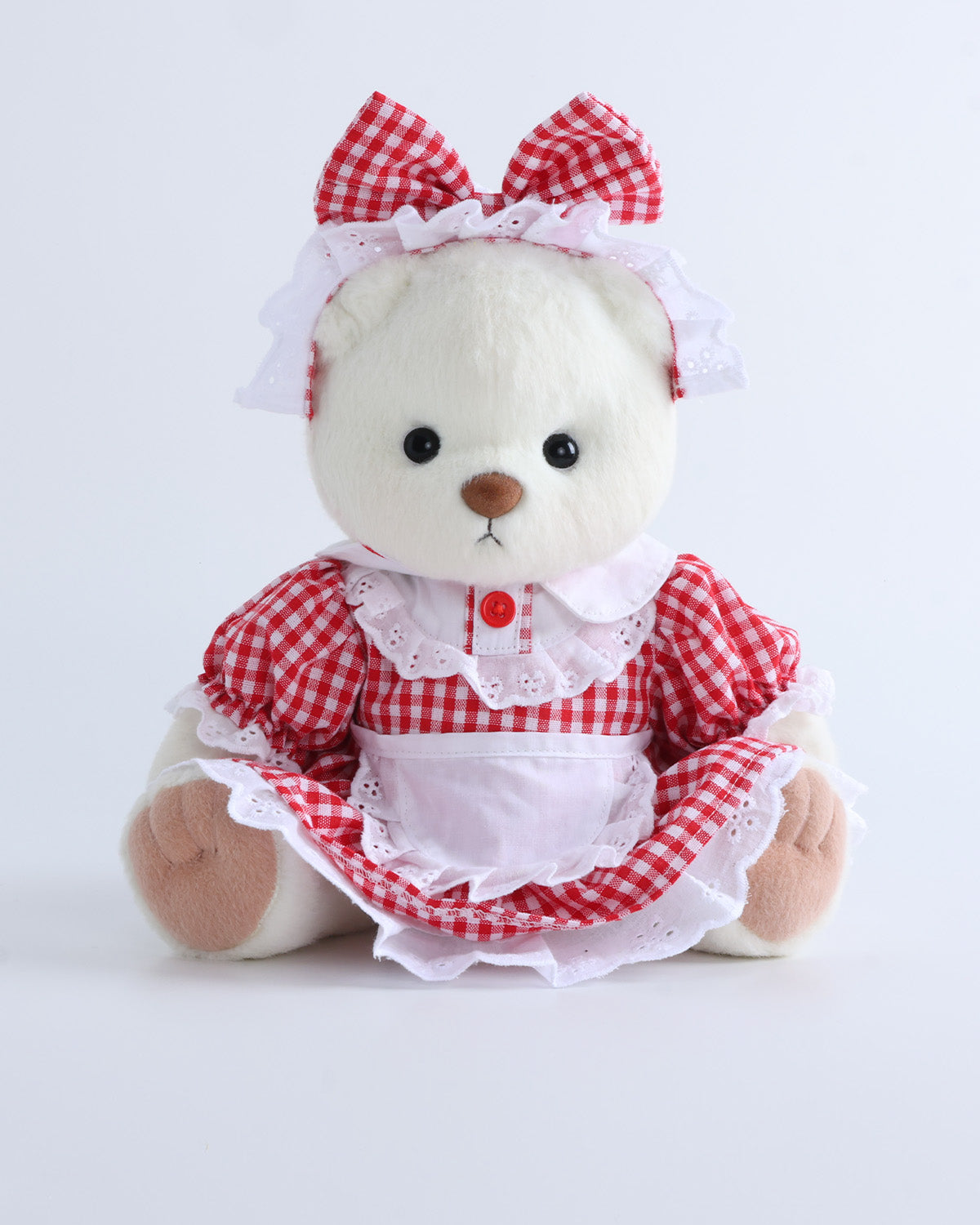 White Short Hair Bear & Red Checkered Maid's Dress Set of 2 - 12 Inches