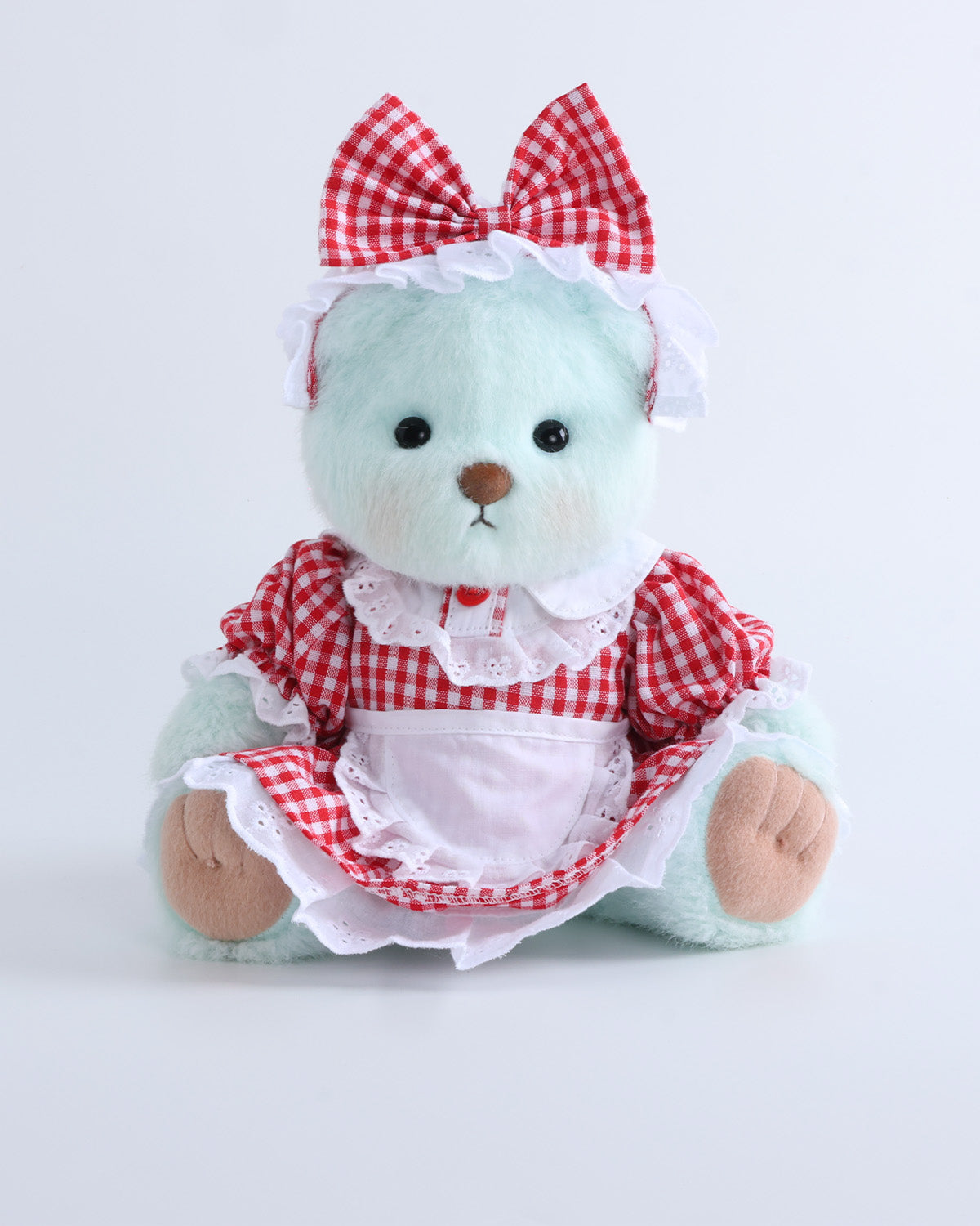Mint Blue Long Hair Bear & Red Checkered Maid's Dress Set of 2 - 12 Inches