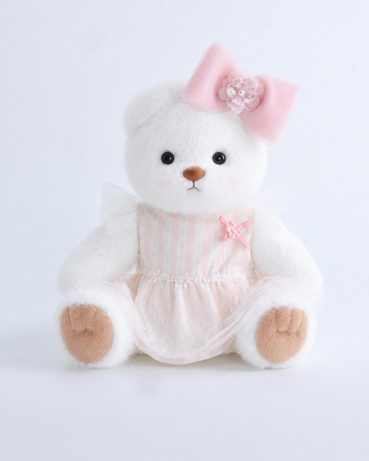White Long Hair Bear & White Peach Mist Floral Tulle Dress Set of 2 - 12 Inches