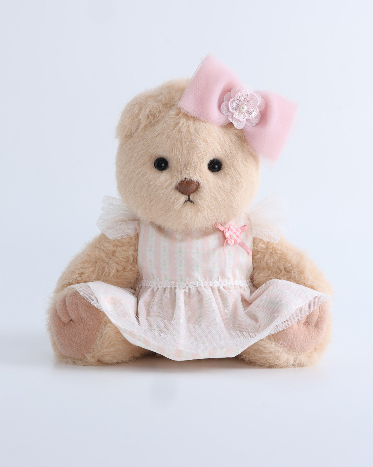 Milk Tea Long Hair Bear & White Peach Mist Floral Tulle Dress Set of 2 - 12 Inches