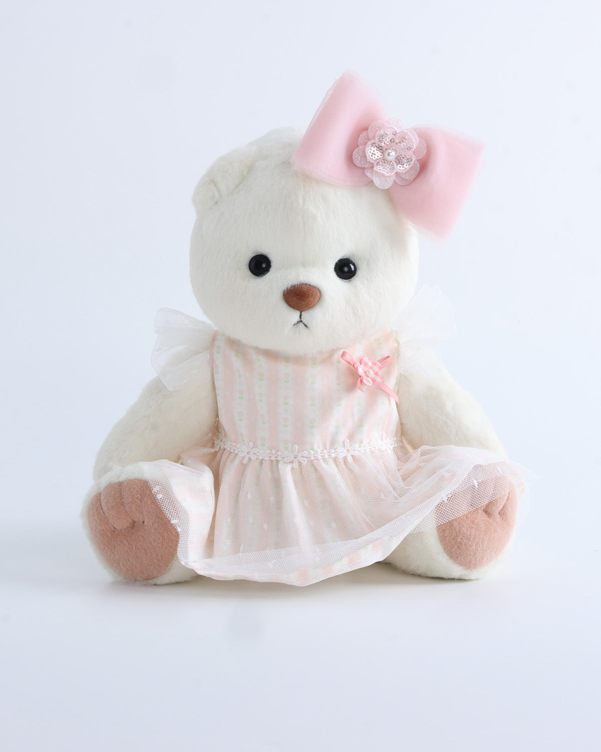 White Short Hair Bear & White Peach Mist Floral Tulle Dress Set of 2 - 12 Inches