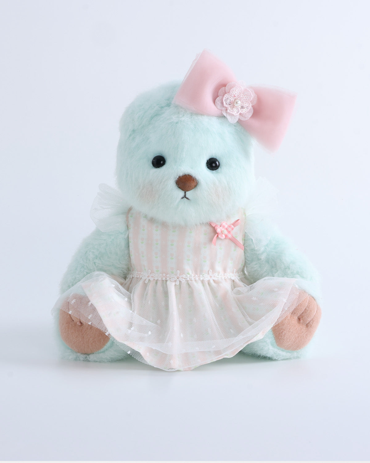 Mint Blue Long Hair Bear & White Peach Mist Floral Tulle Dress Set of 2 - 12 Inches