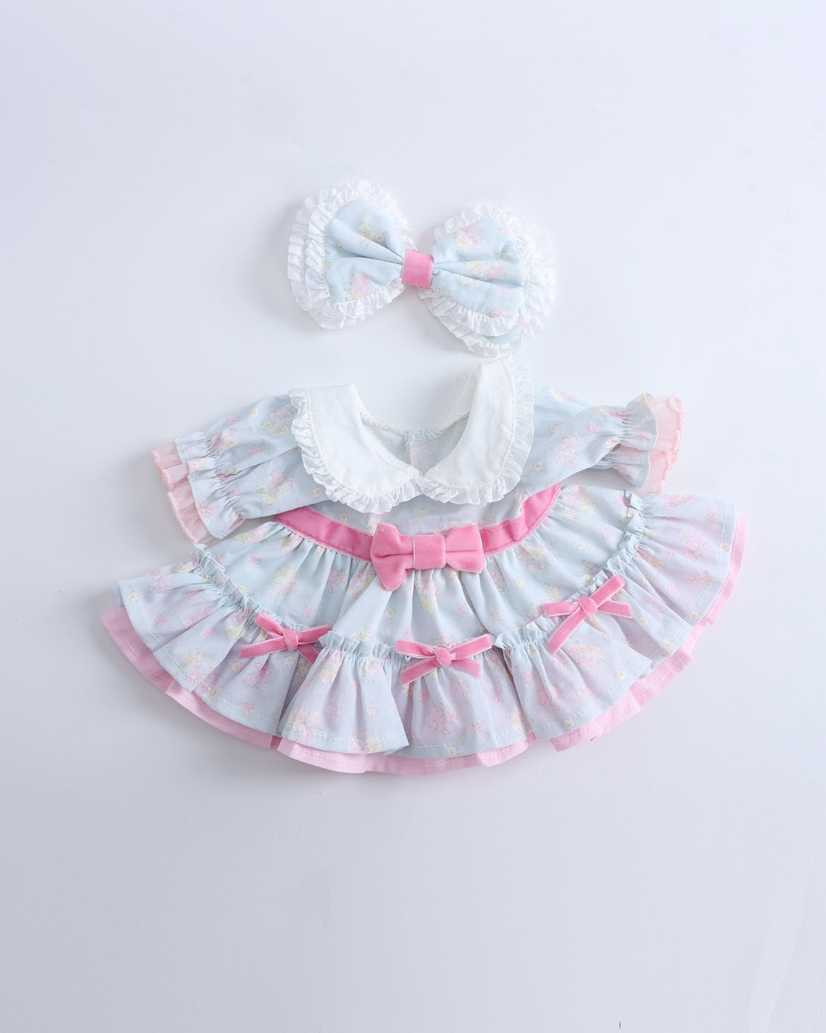 Pink Bow Blue Floral Dress Set of 2 - 12 Inches
