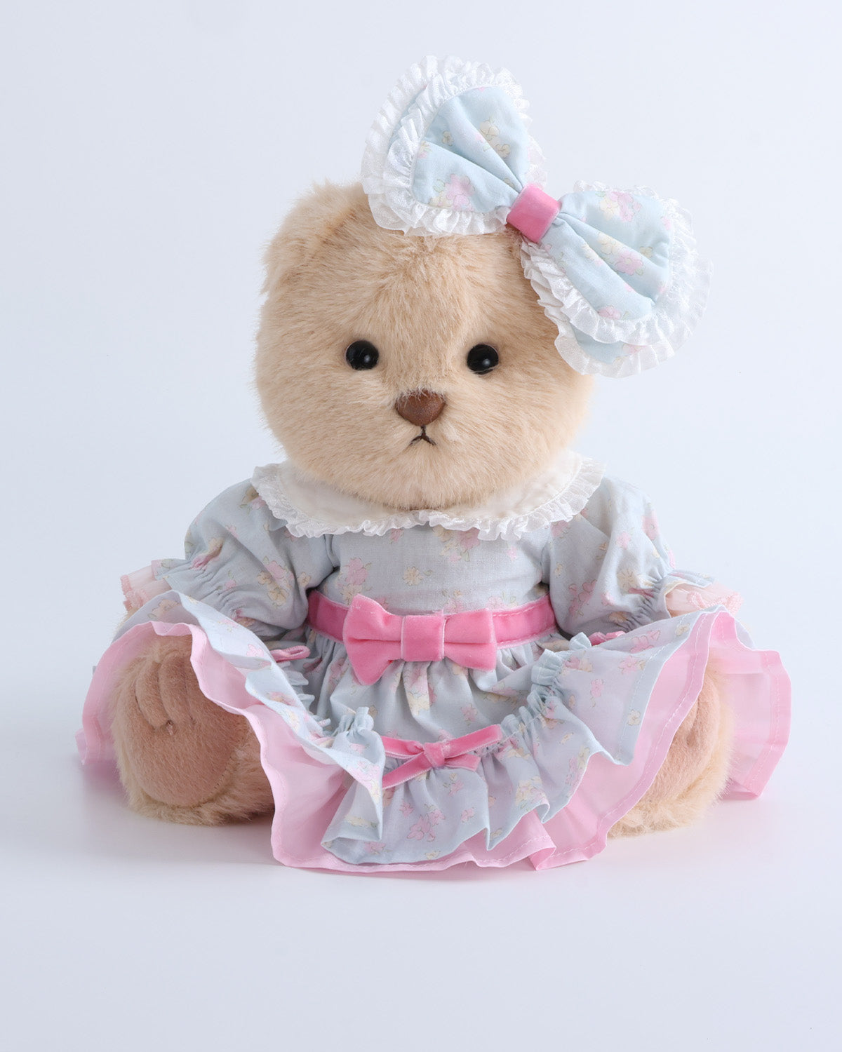 Milk Tea Long Hair Bear & Pink Bow Blue Floral Dress Set of 2 - 12 Inches