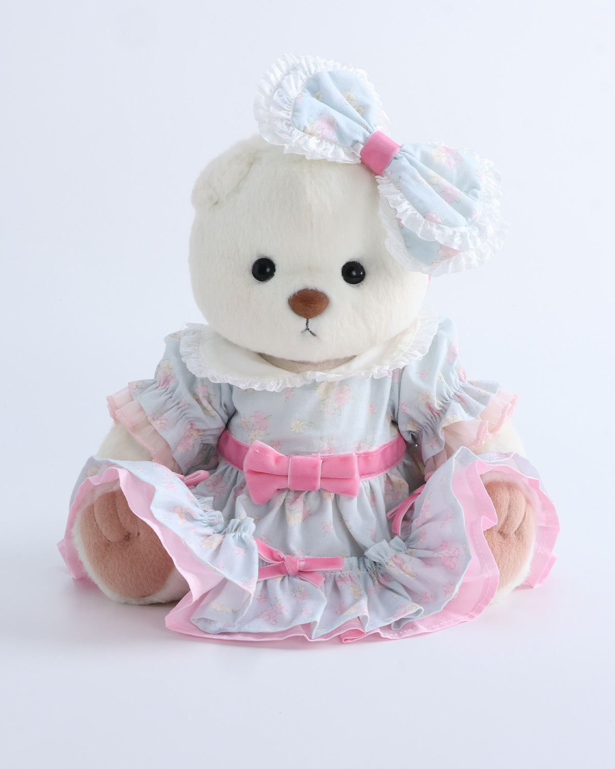 White Short Hair Bear & Pink Bow Blue Floral Dress Set of 2 - 12 Inches