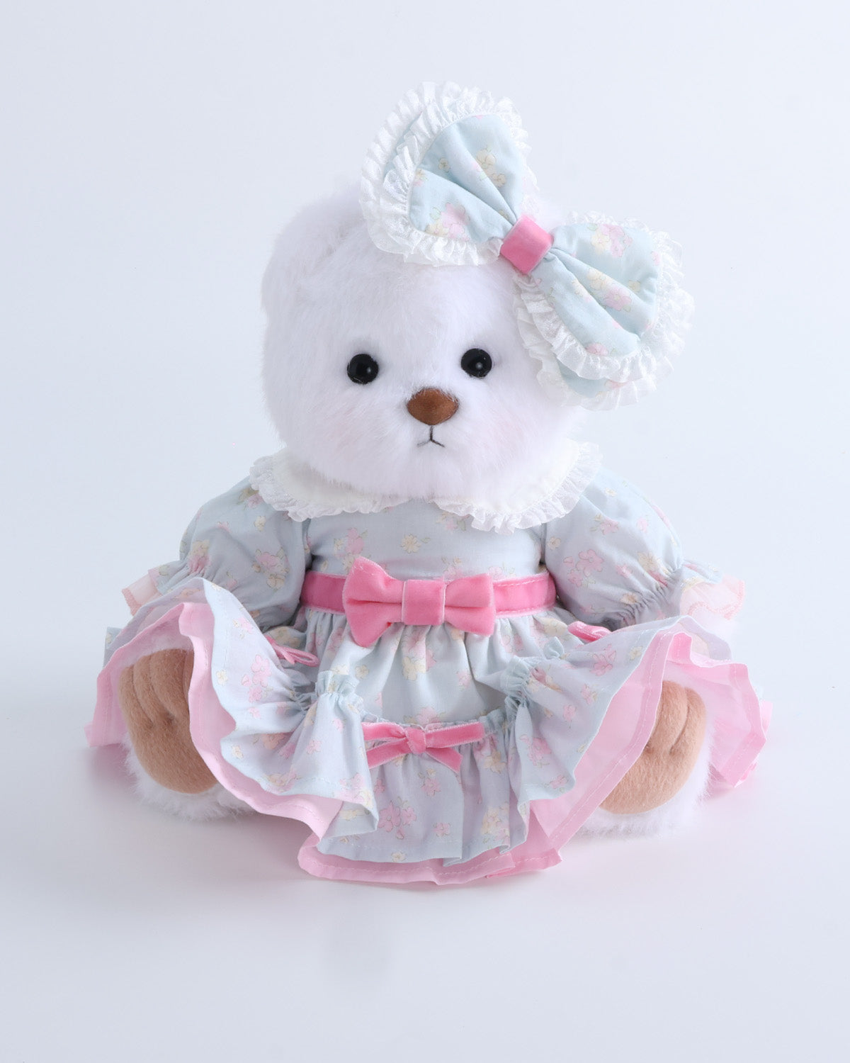 White Long Hair Bear & Pink Bow Blue Floral Dress Set of 2 - 12 Inches