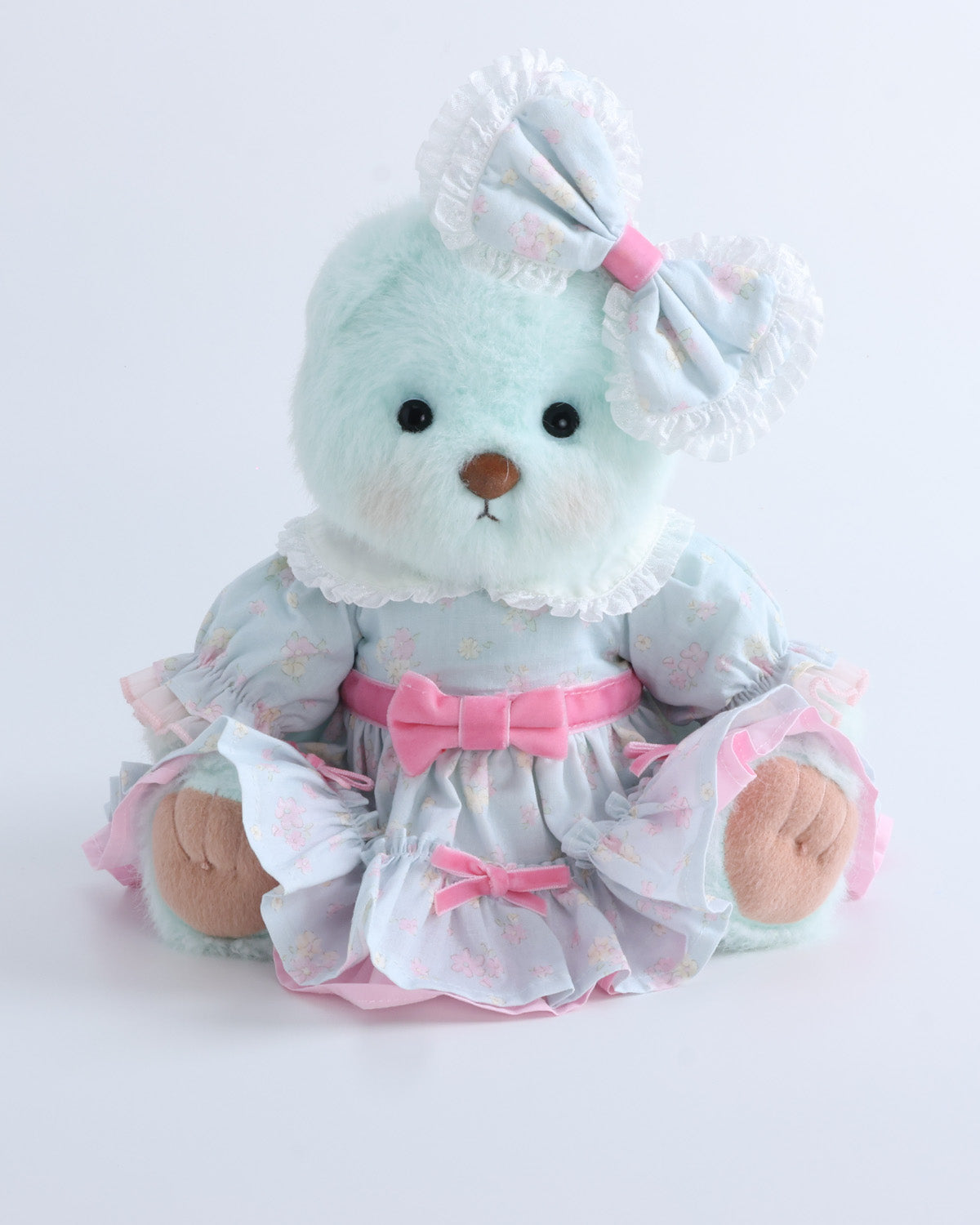 Mint Blue Long Hair Bear & Pink Bow Blue Floral Dress Set of 2 - 12 Inches