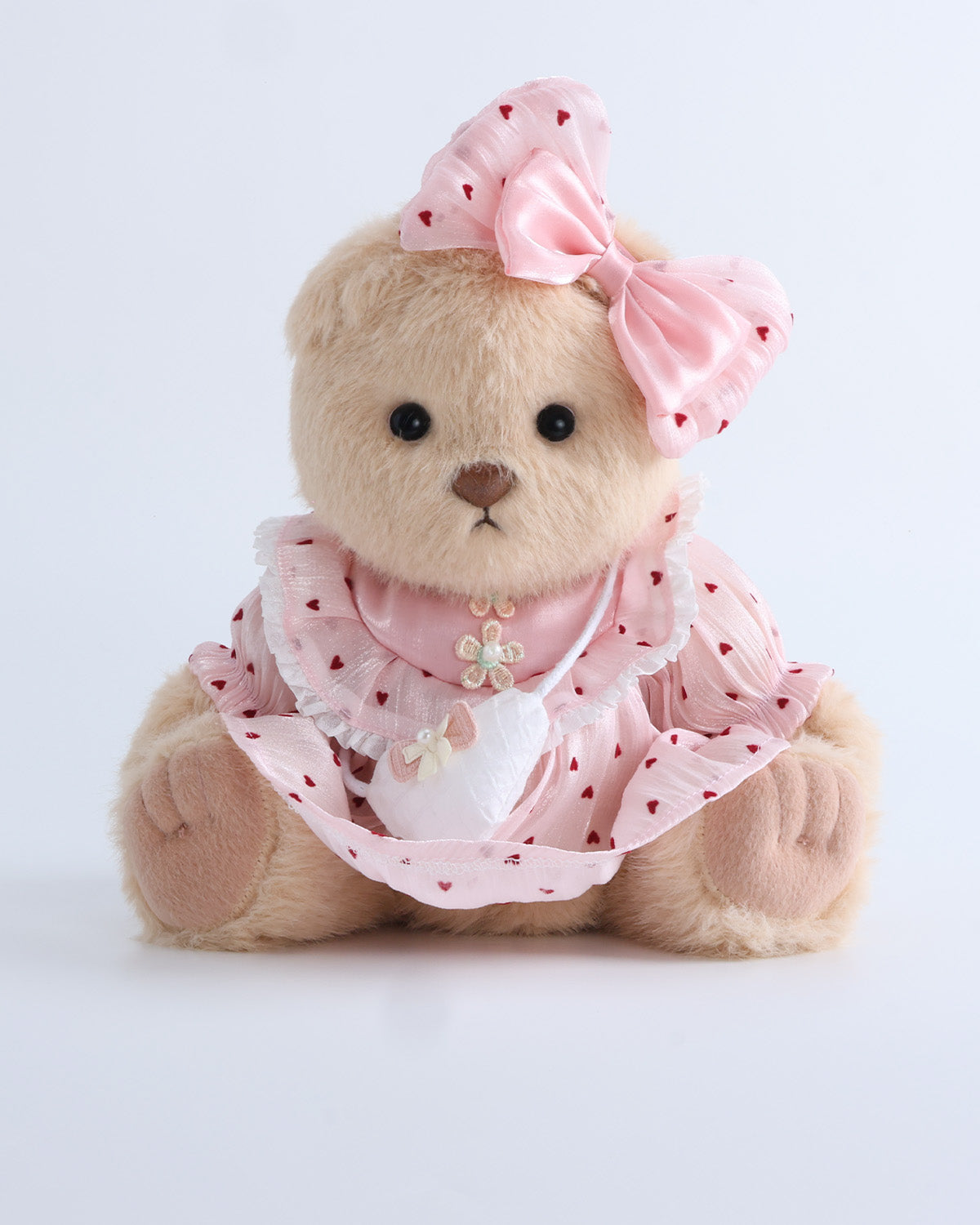 Milk Tea Long Hair Bear & Pink Heart Dress Set of 3 - 12 Inches