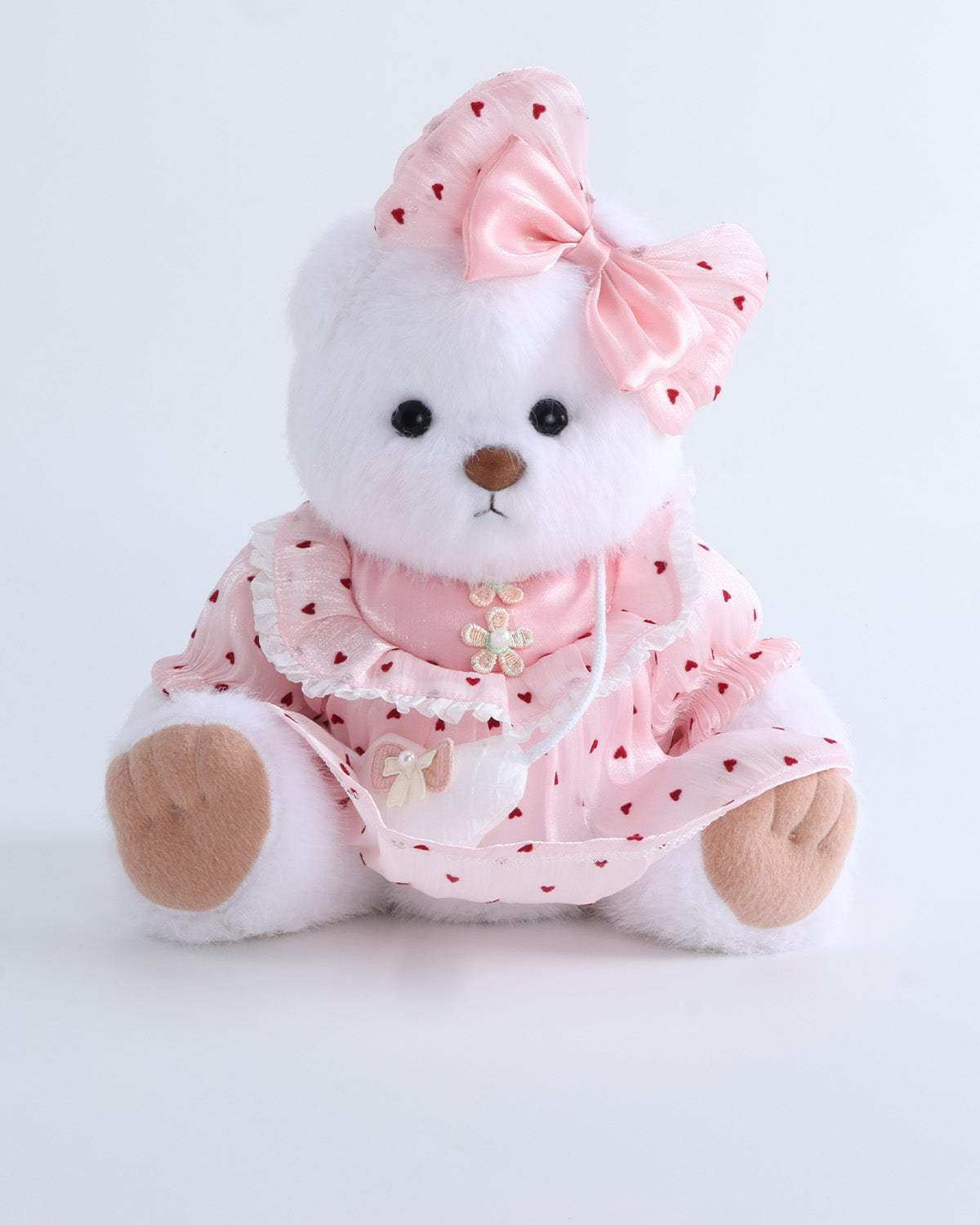 White Long Hair Bear & Pink Heart Dress Set of 3 - 12 Inches