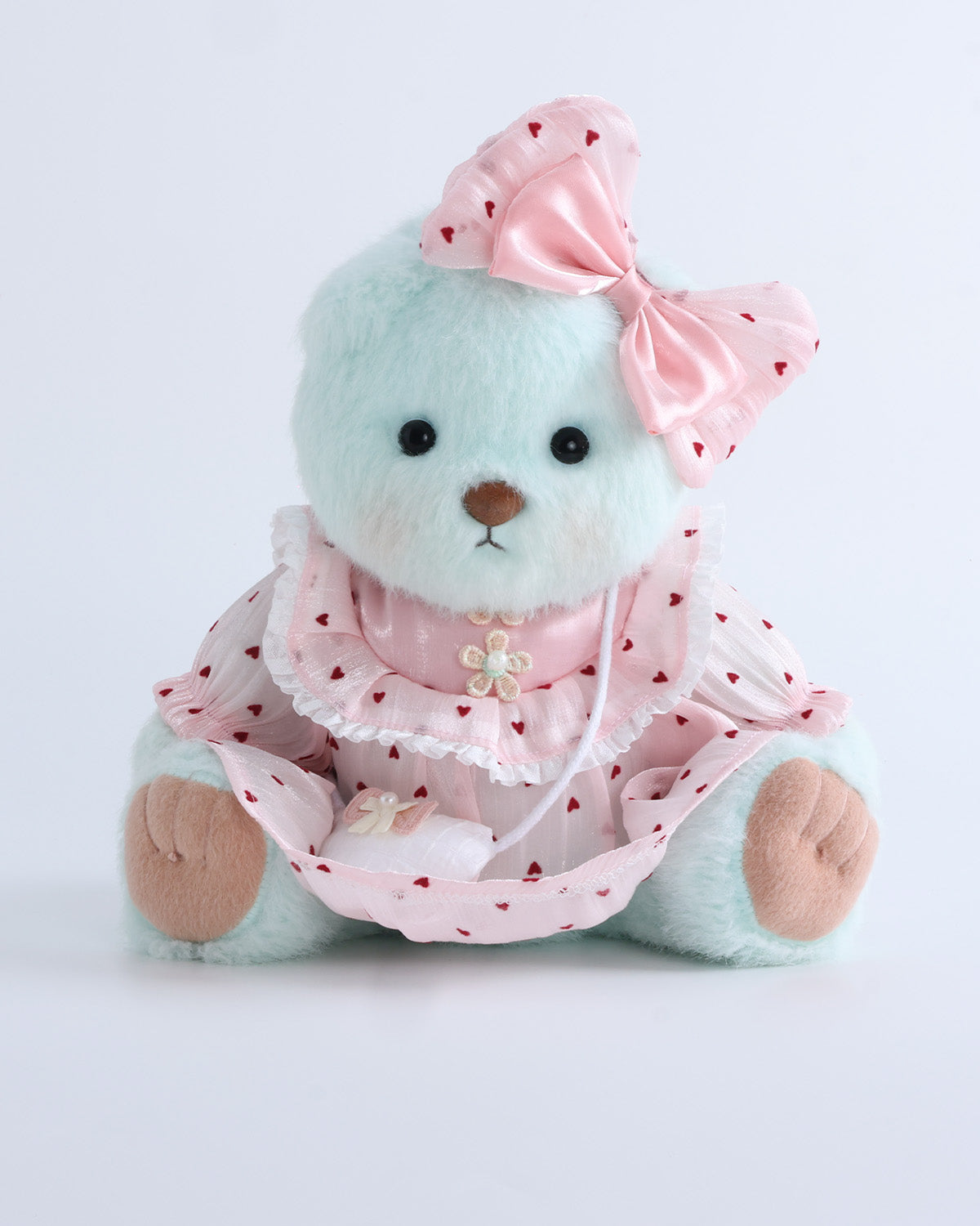 Mint Blue Long Hair Bear & Pink Heart Dress Set of 3 - 12 Inches