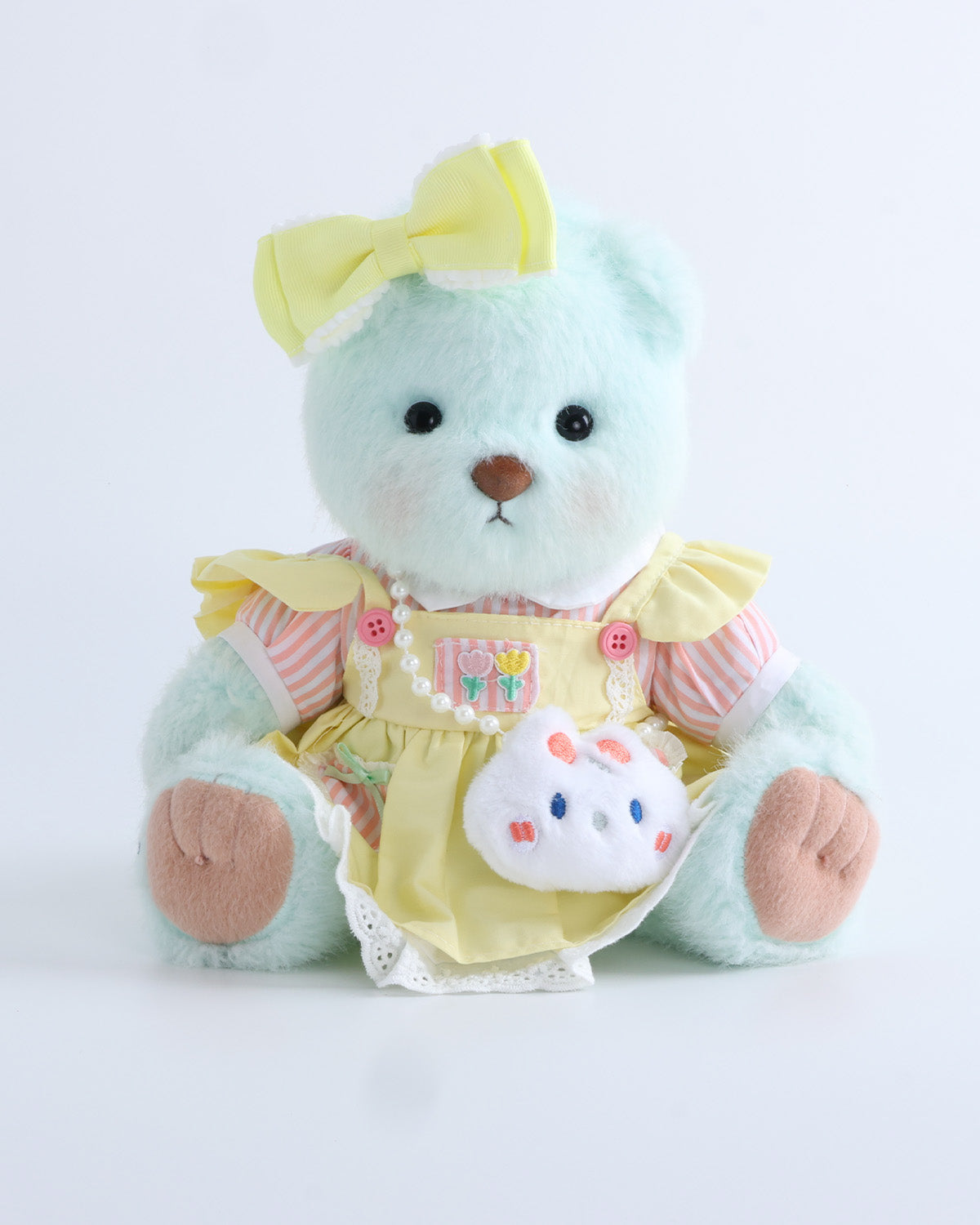 Mint Blue Long Hair Bear & Yellow Cream Dress  Set of 3 - 12 Inches