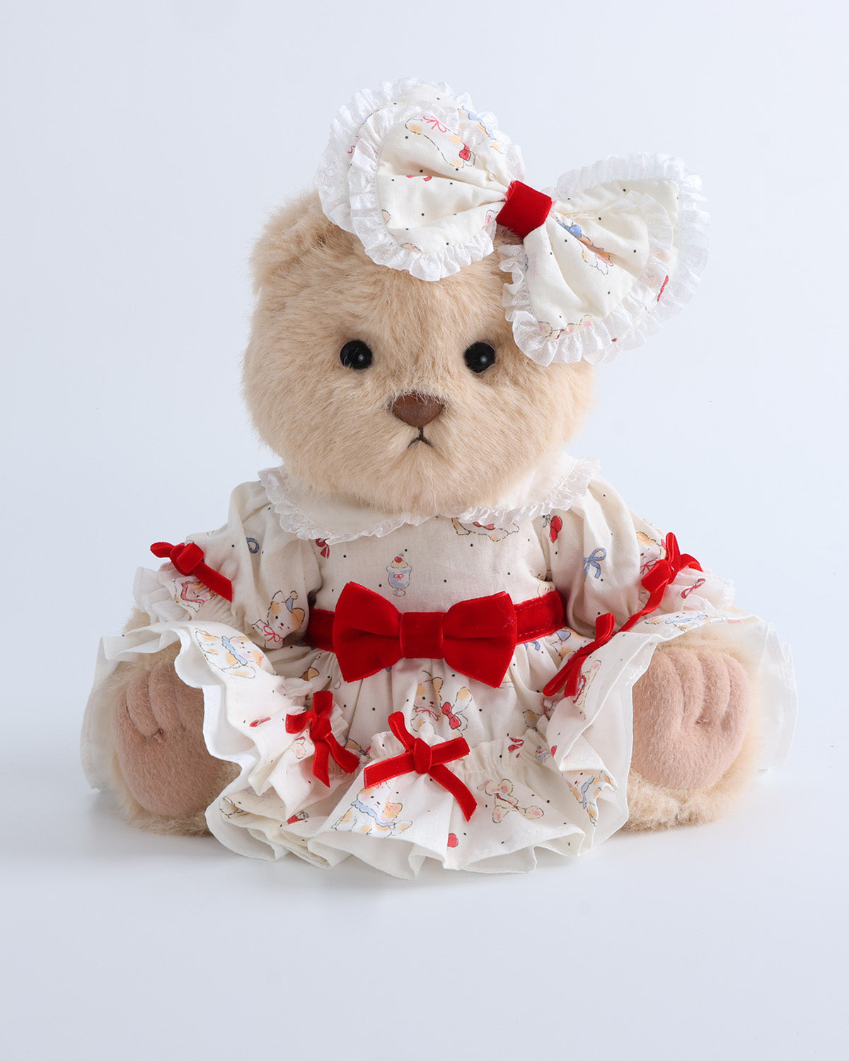 Milk Tea Long Hair Bear & Red Bow Cat Party Dress Set of 2 - 12 Inches