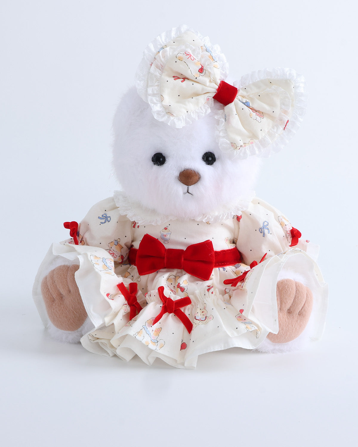 White Long Hair Bear & Red Bow Cat Party Dress Set of 2 - 12 Inches