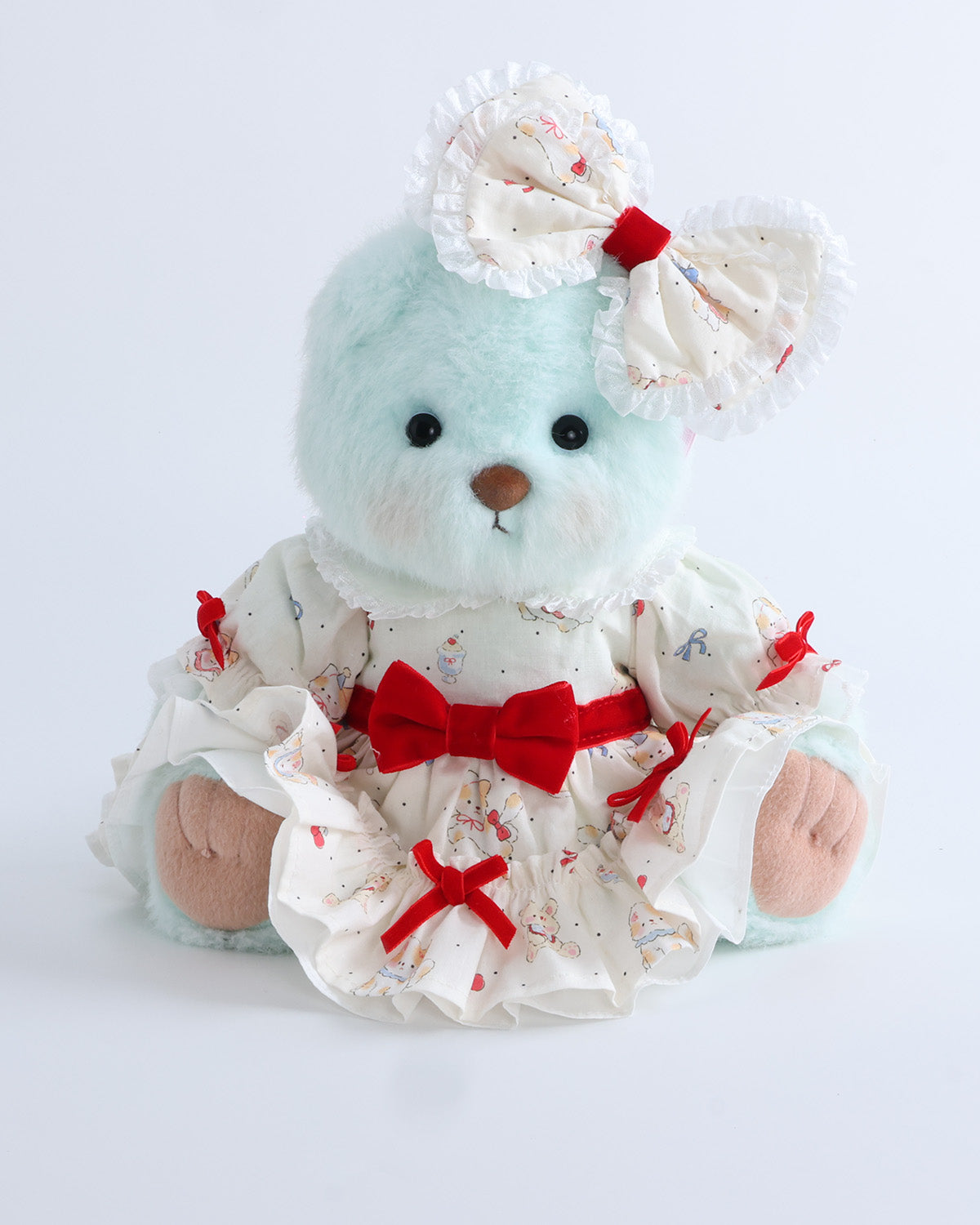 Mint Blue Long Hair Bear & Red Bow Cat Party Dress Set of 2 - 12 Inches
