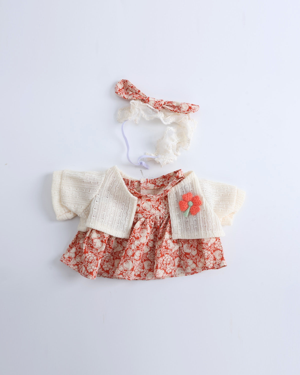 Red Flower Dress With Knit Cardigan Set of 3 - 12 Inches