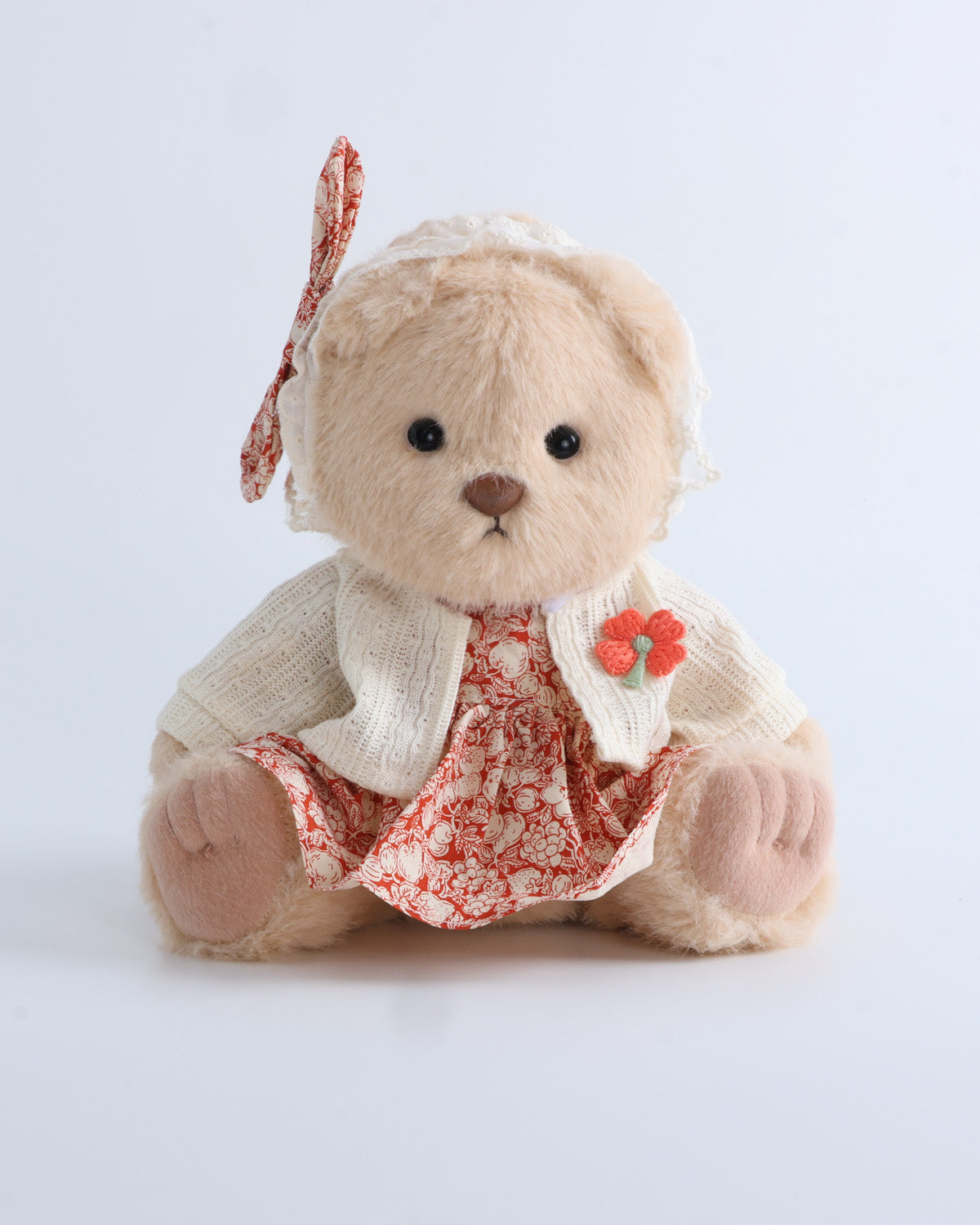 Milk Tea Long Hair Bear & Red Flower Dress With Knit Cardigan Set of 3 - 12 Inches
