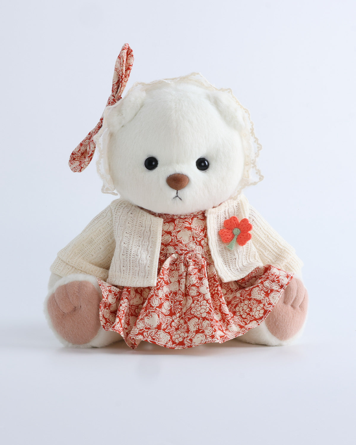 White Short Hair Bear & Red Flower Dress With Knit Cardigan Set of 3 - 12 Inches
