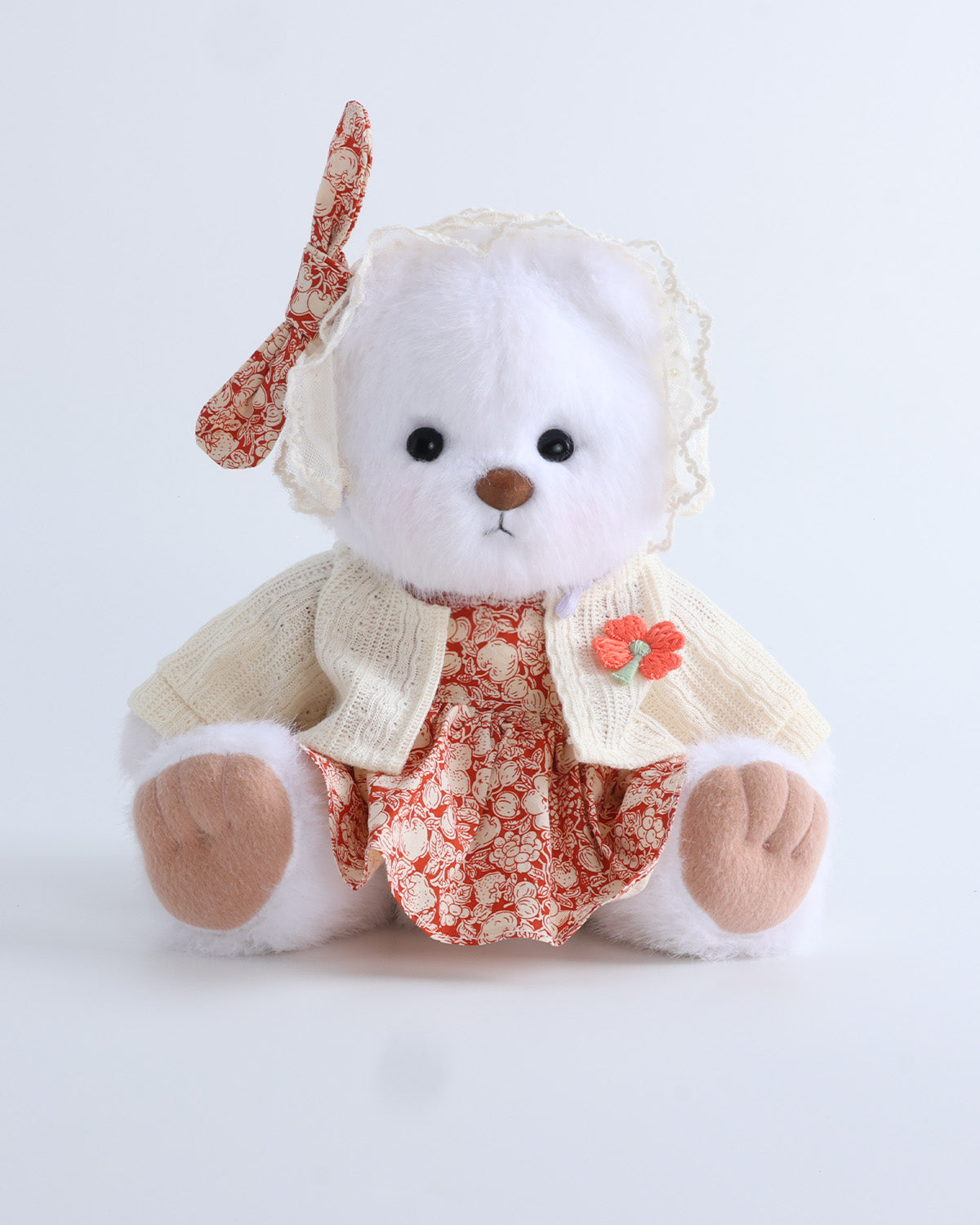 White Long Hair Bear & Red Flower Dress With Knit Cardigan Set of 3 - 12 Inches