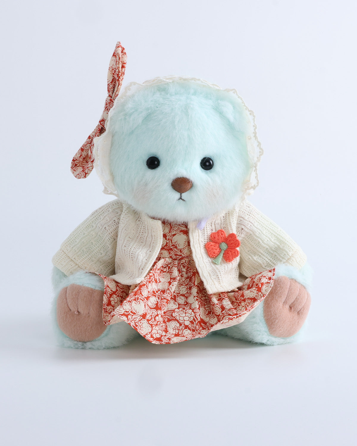 Mint Blue Long Hair Bear & Red Flower Dress With Knit Cardigan Set of 3 - 12 Inches
