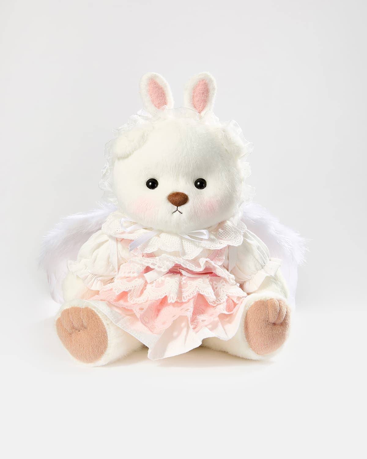 White Short Hair Bear & Pink Bunny Dress With Wings - 12 Inches