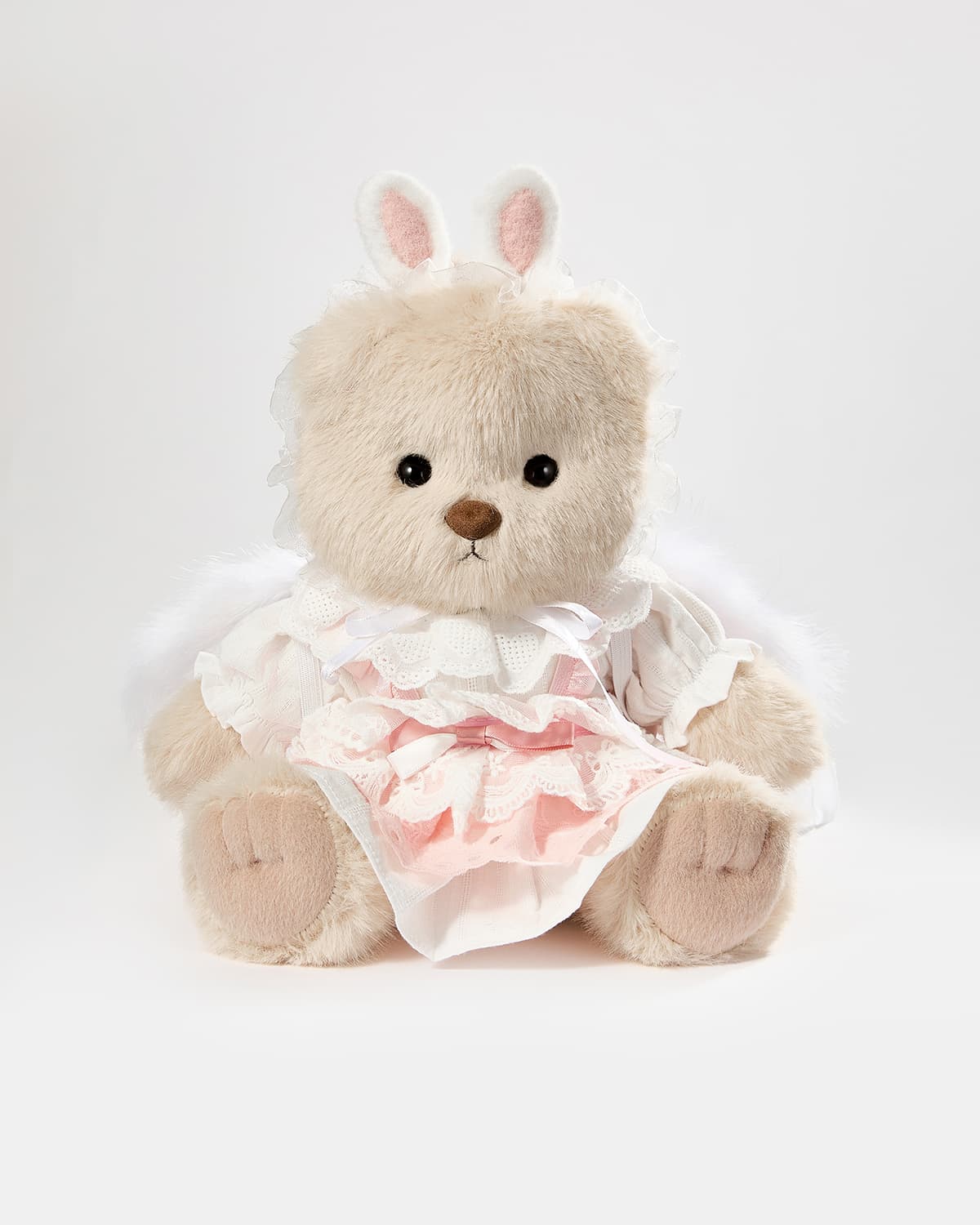 Milk Tea Long Hair Bear & Pink Bunny Dress With Wings - 12 Inches