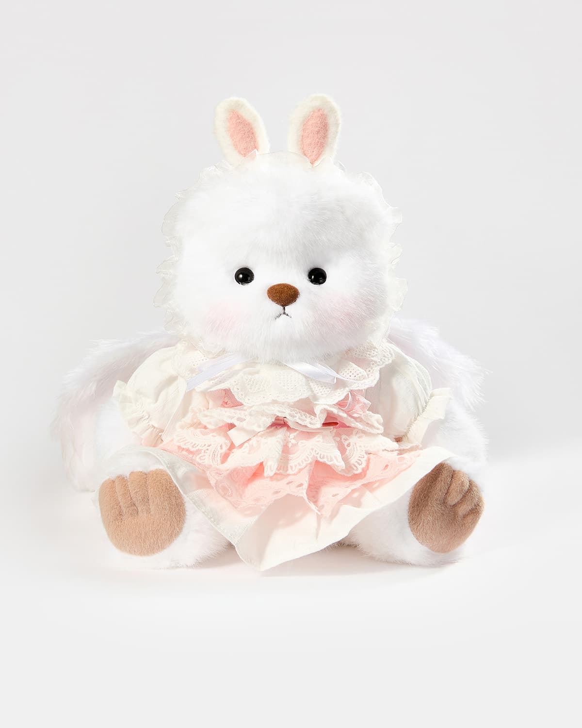 White Long Hair Bear & Pink Bunny Dress With Wings - 12 Inches