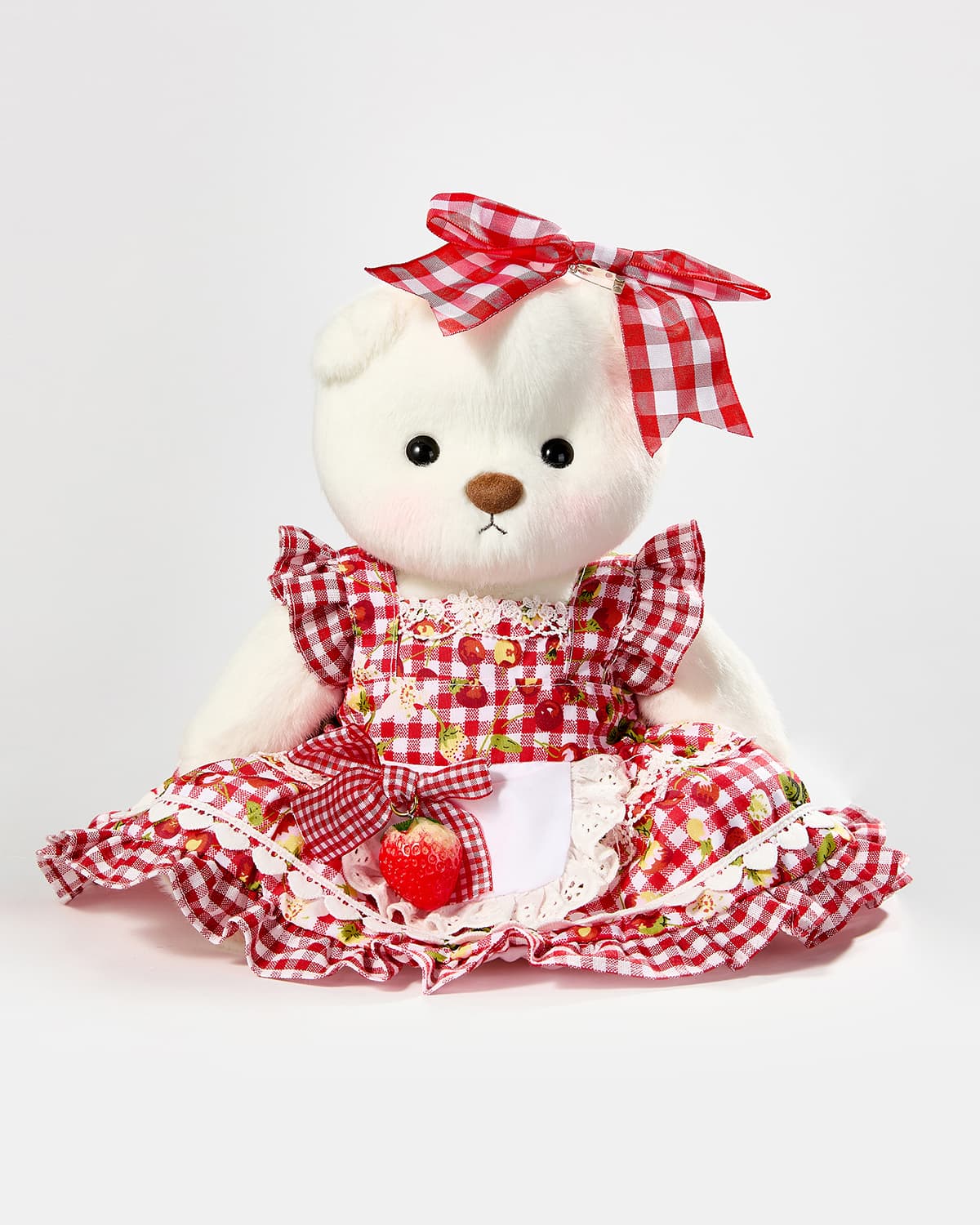 White Short Hair Bear & Red Strawberry Plaid Dress - 12 Inches
