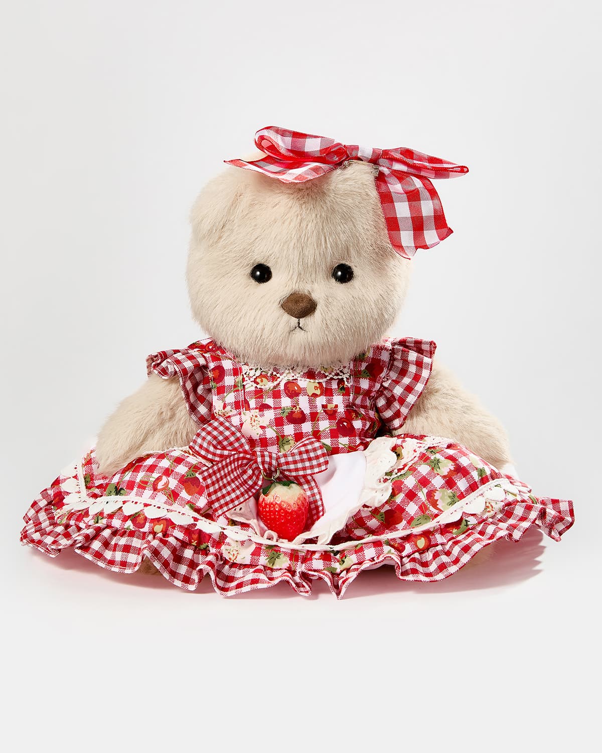 Milk Tea Long Hair Bear & Red Strawberry Plaid Dress - 12 Inches